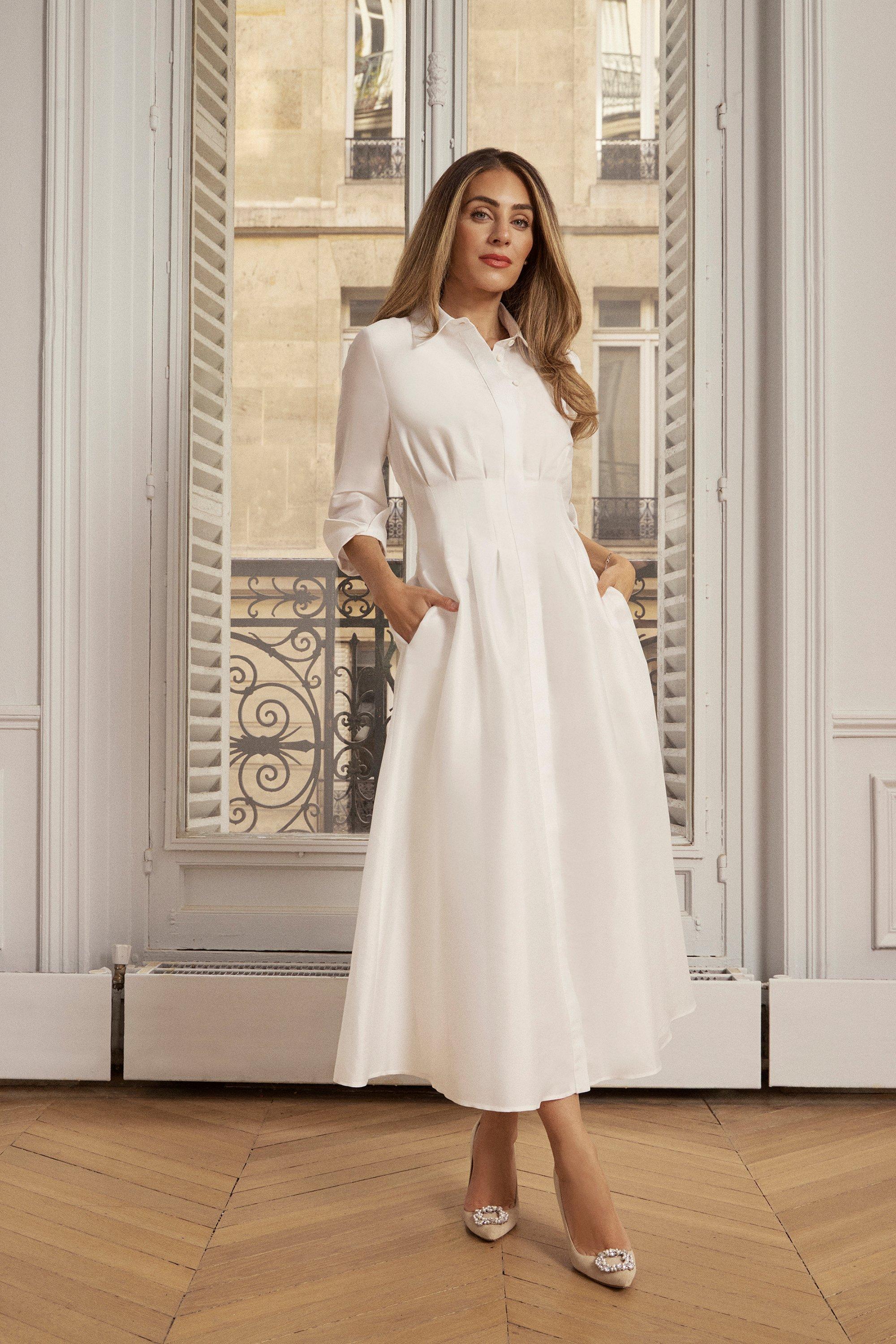 Petite Premium Tailored Linen Tab Waist Pencil Midi Dress