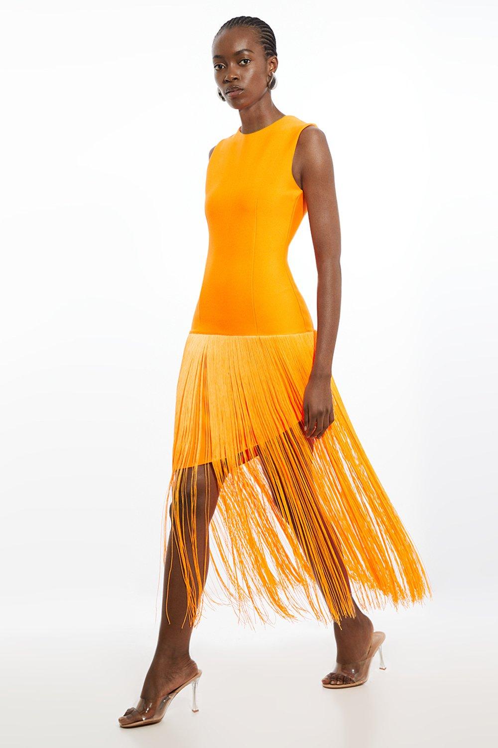 Feather Embellished Mini Dress Figure Form Bandage Knit