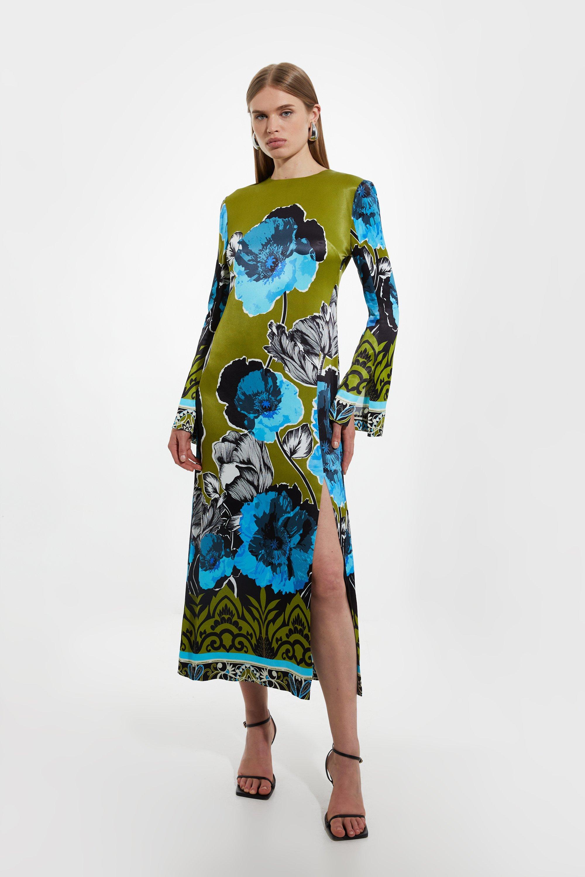 Pansy Floral Printed Full Skirt Belted Midi Dress | Karen Millen