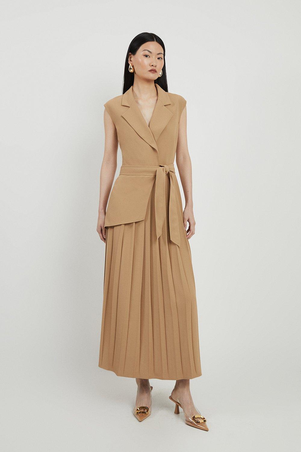 【Karen Millen】ヴィスコースリネン ピンタック ドレス KAREN MILLEN メタリックビ−ズ装飾 ウ−ブン ドレス