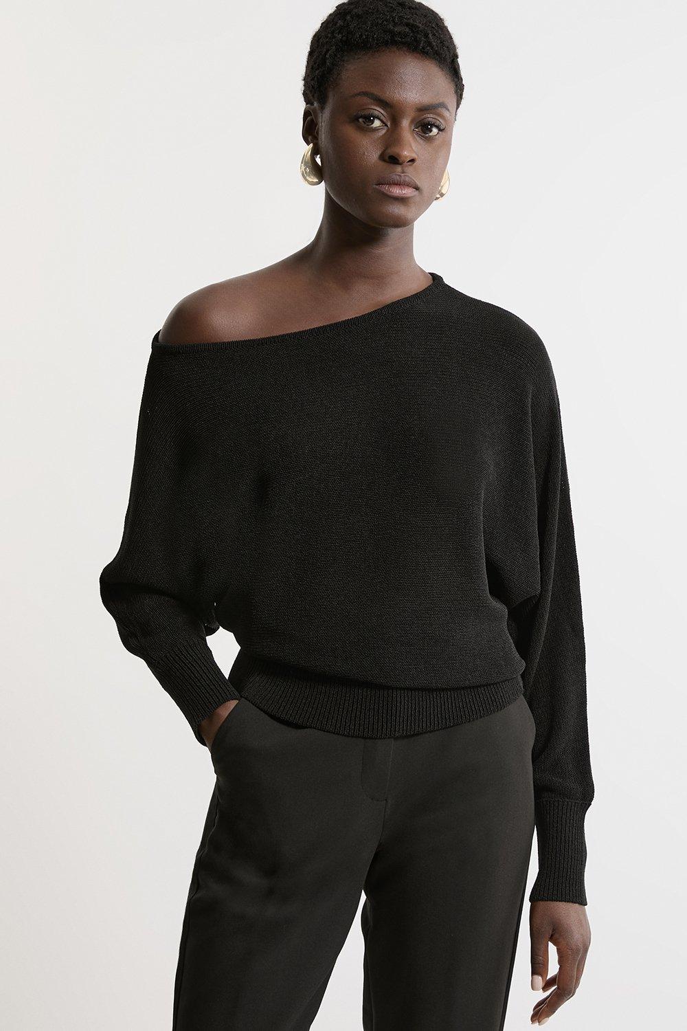 Viscose Blend One Shoulder Feather Detail Knit Top | Karen