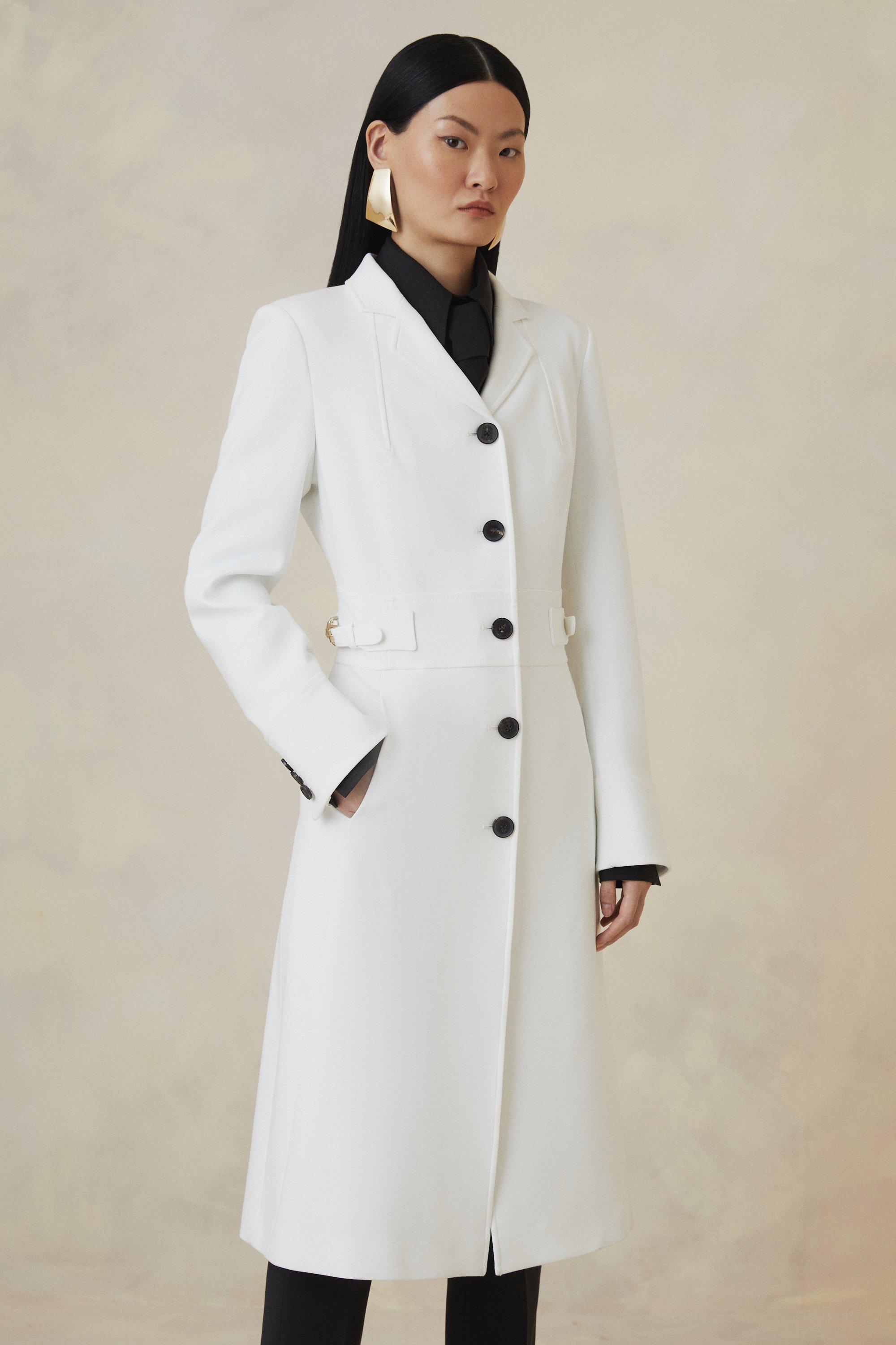 Compact Stretch Double Breasted Button Detail Belted Coat | Karen 