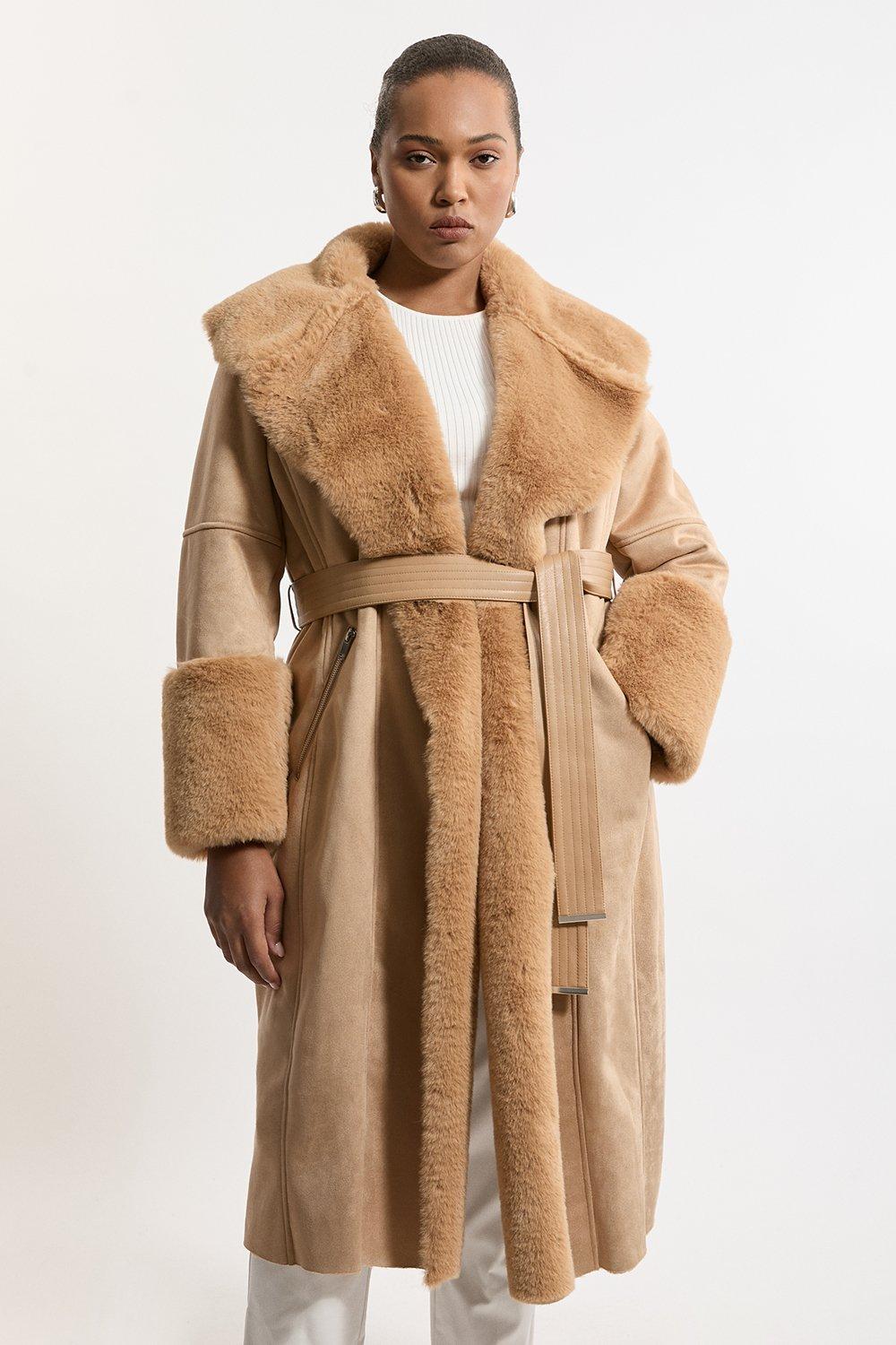 Panelled Stripe Faux Fur Pu Belted Long Coat | Karen Millen