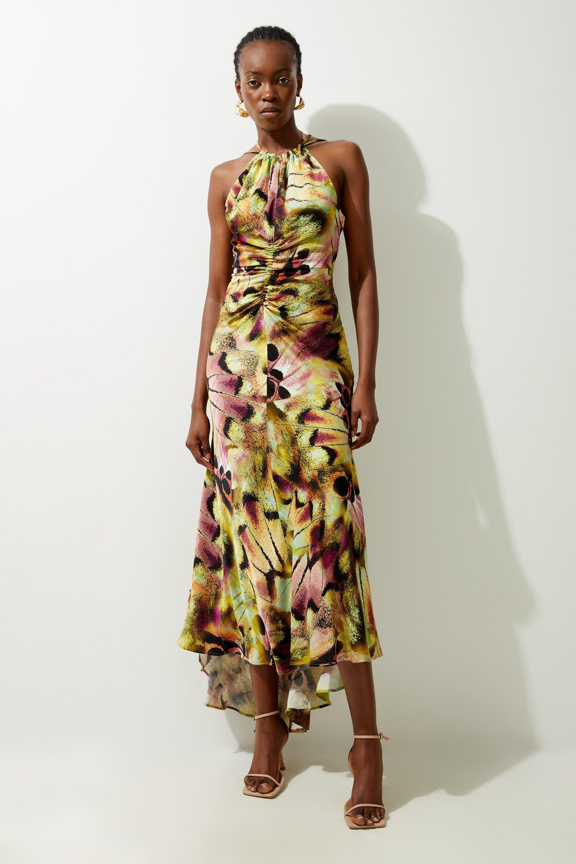 Plus Size Abstract Print Satin Asymmetric Woven Maxi Dress | Karen 