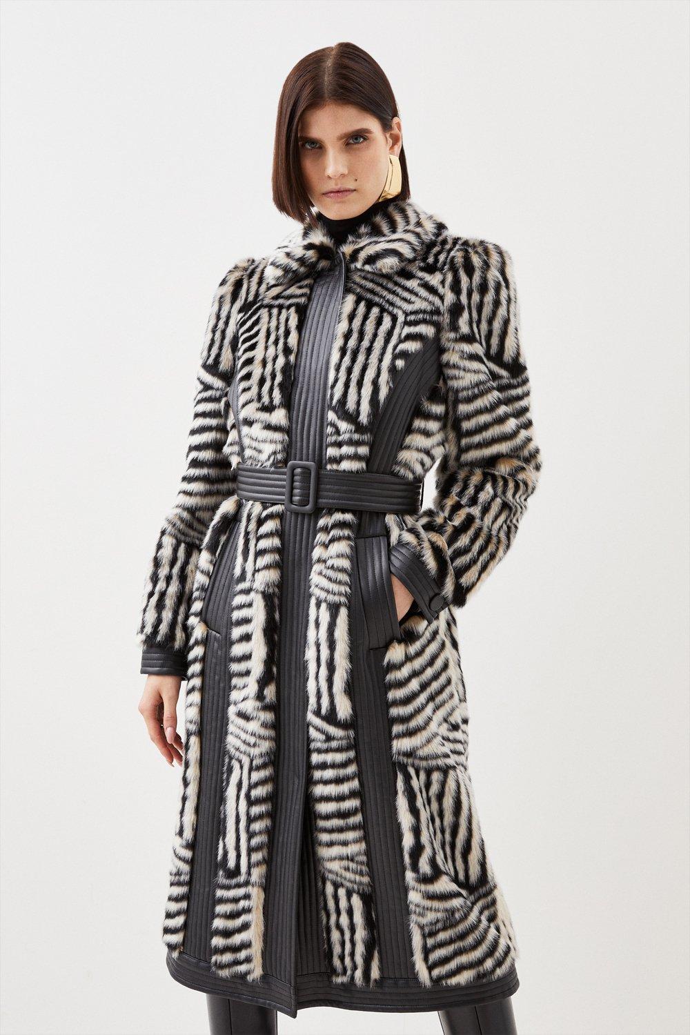 Tall Panelled Stripe Faux Fur Pu Belted Long Coat | Karen Millen
