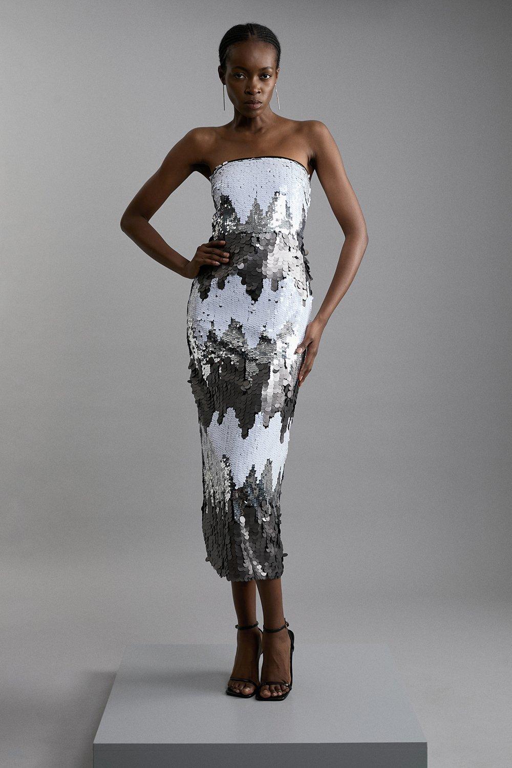 Compact Stretch Taffeta Ruffle One Shoulder Midi Dress