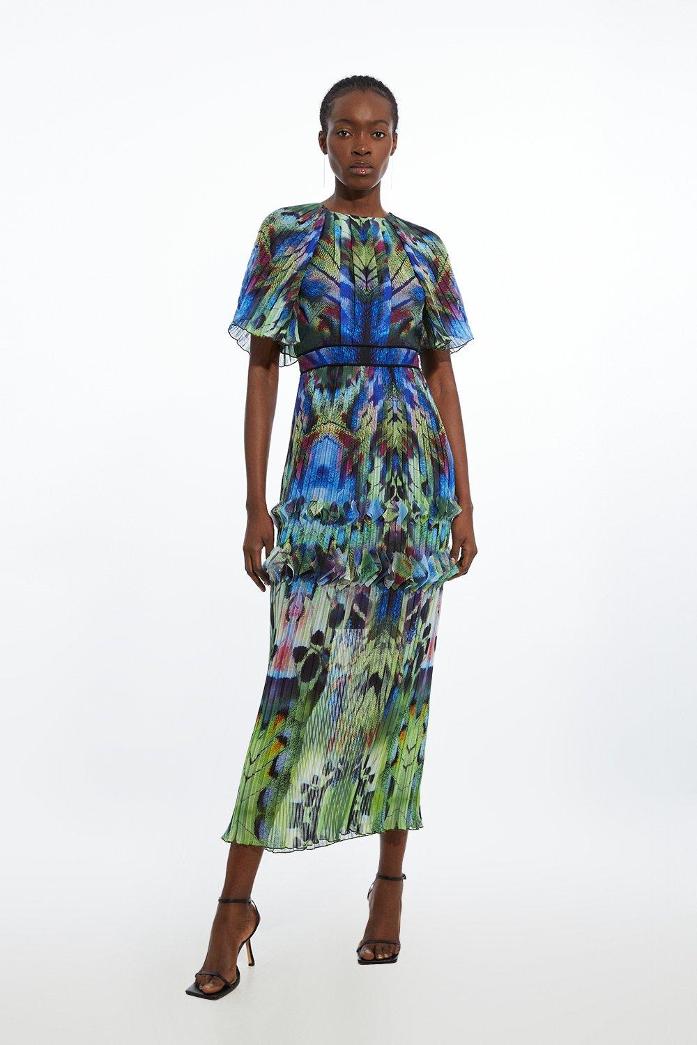 Spot Floral Chiffon Square Neck Ruffle Maxi Dress | Karen Millen