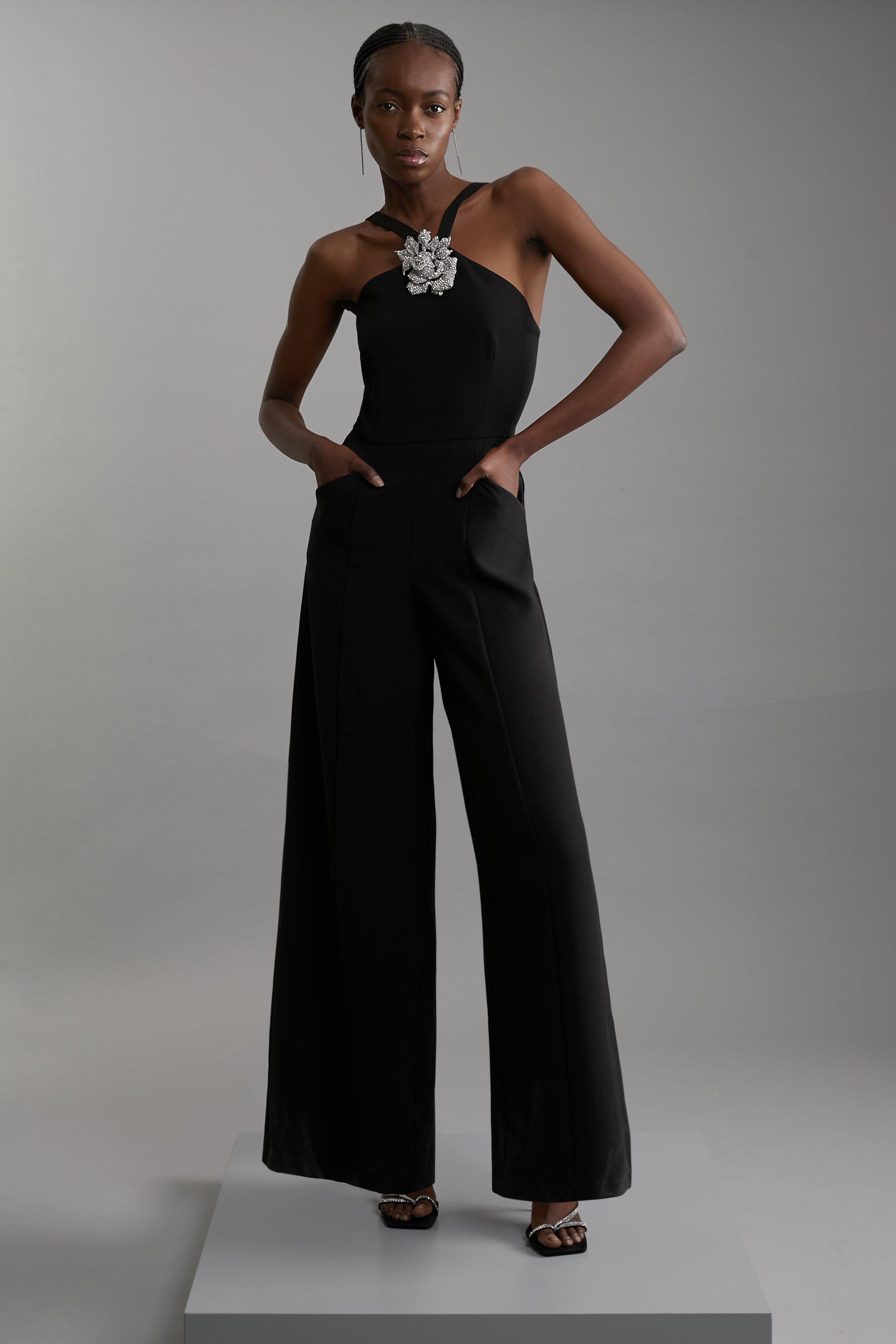 Petite Crystal Embellished Woven Thigh Split Jumpsuit