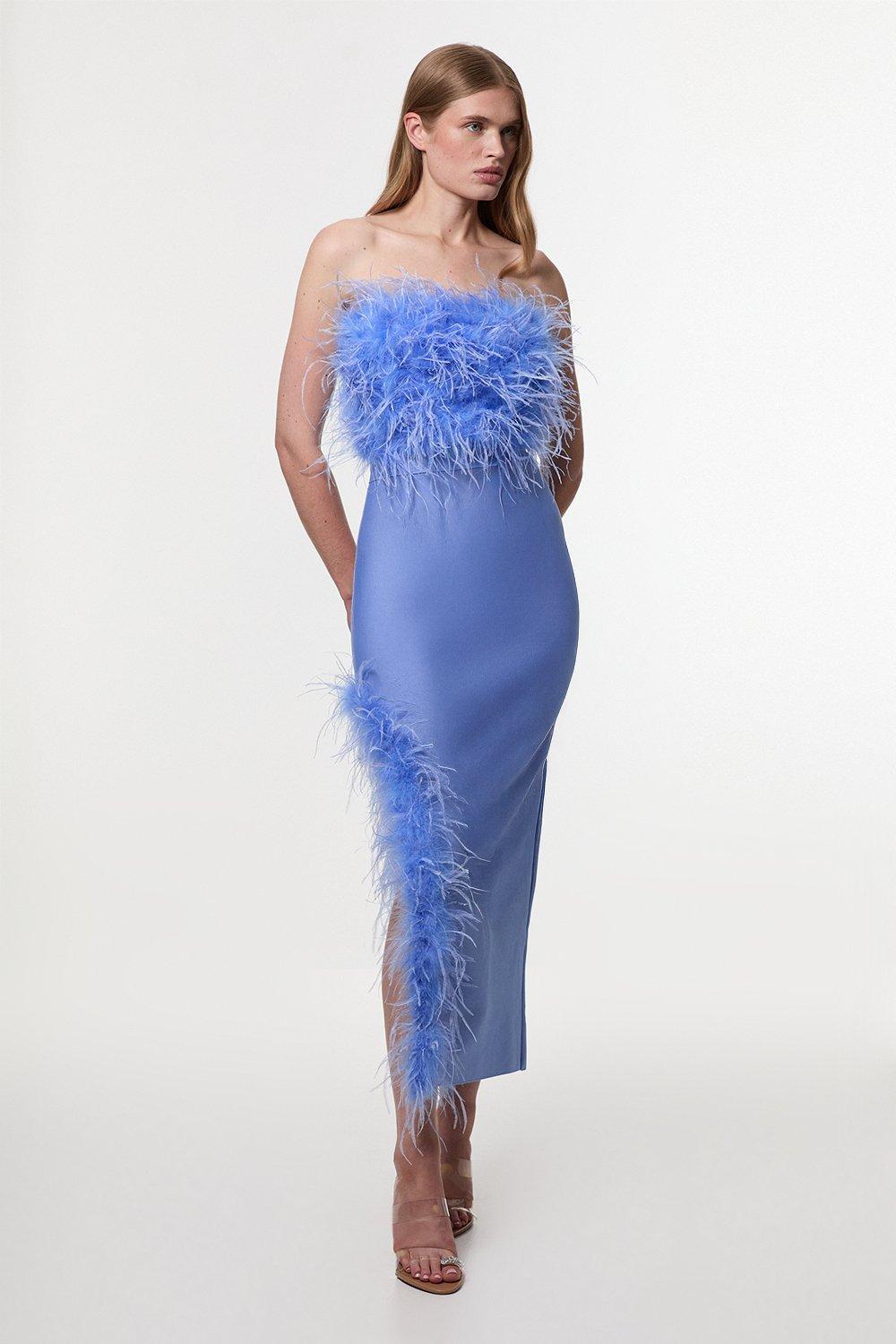 Feather Embellished Mini Dress Figure Form Bandage Knit