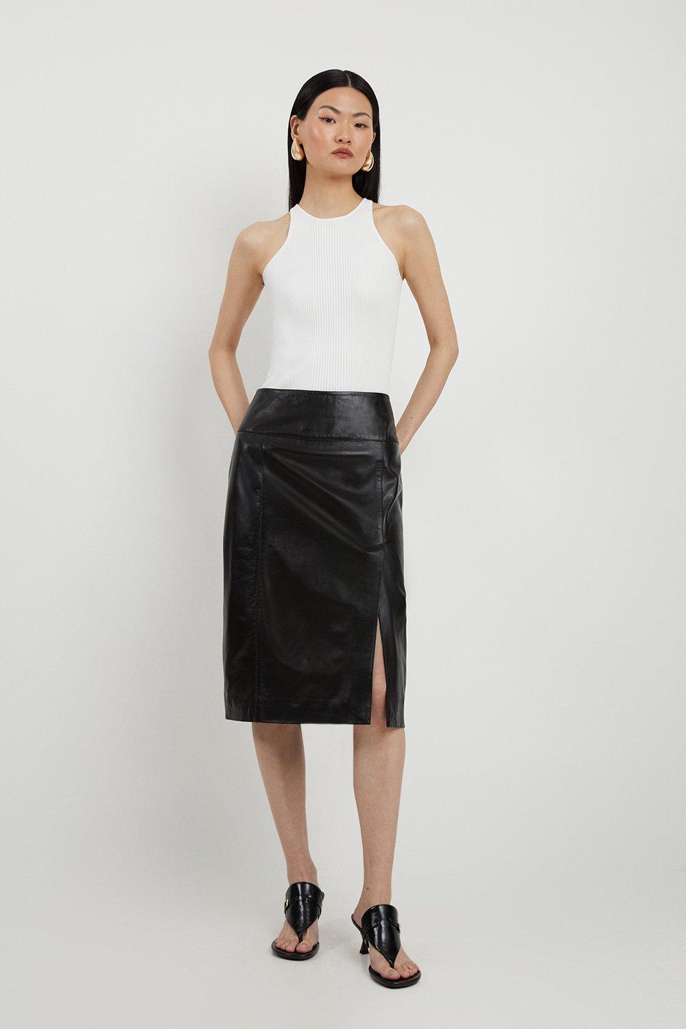 Black pencil skirt with leather trim best sale