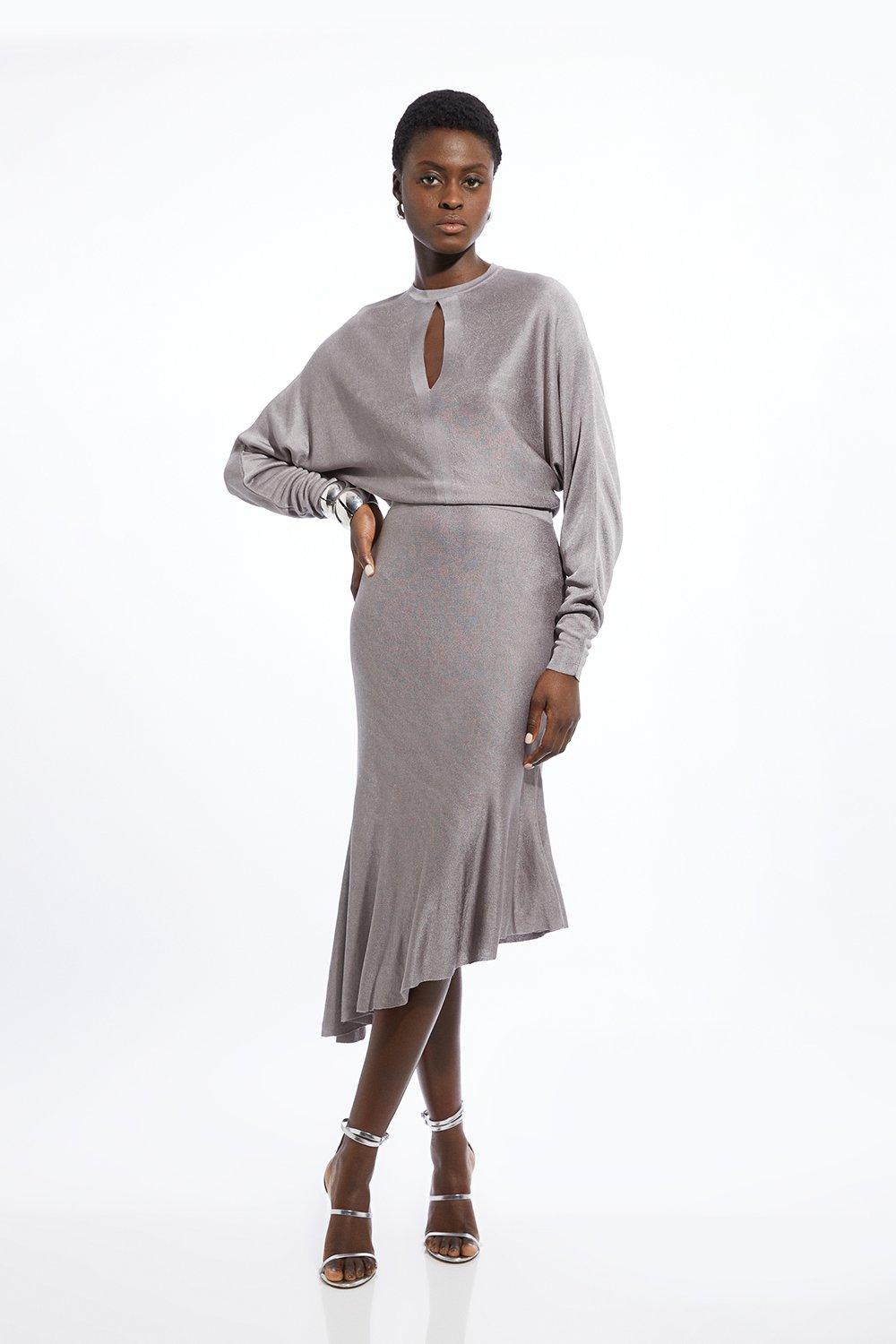 Viscose Blend Slinky Sheer Knit Off The Shoulder Maxi Dress | Karen Millen