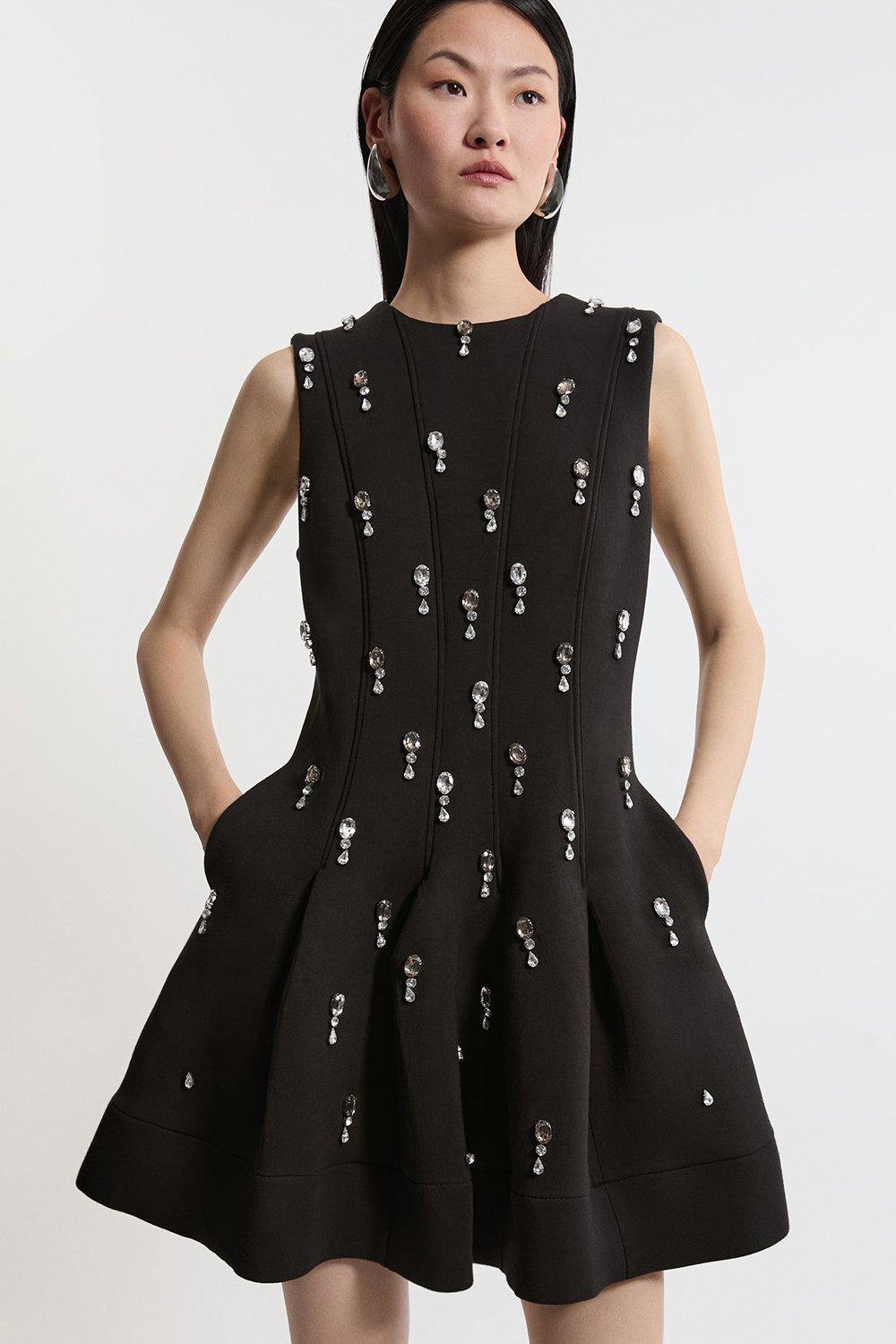Petite Floral Applique Lace Pleated Woven Mini Dress | Karen