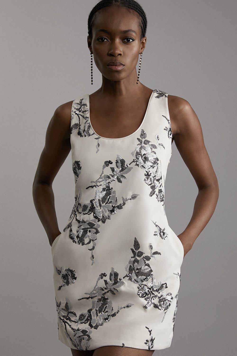 Petite Fringed Beaded Halter Mini Dress | Karen Millen