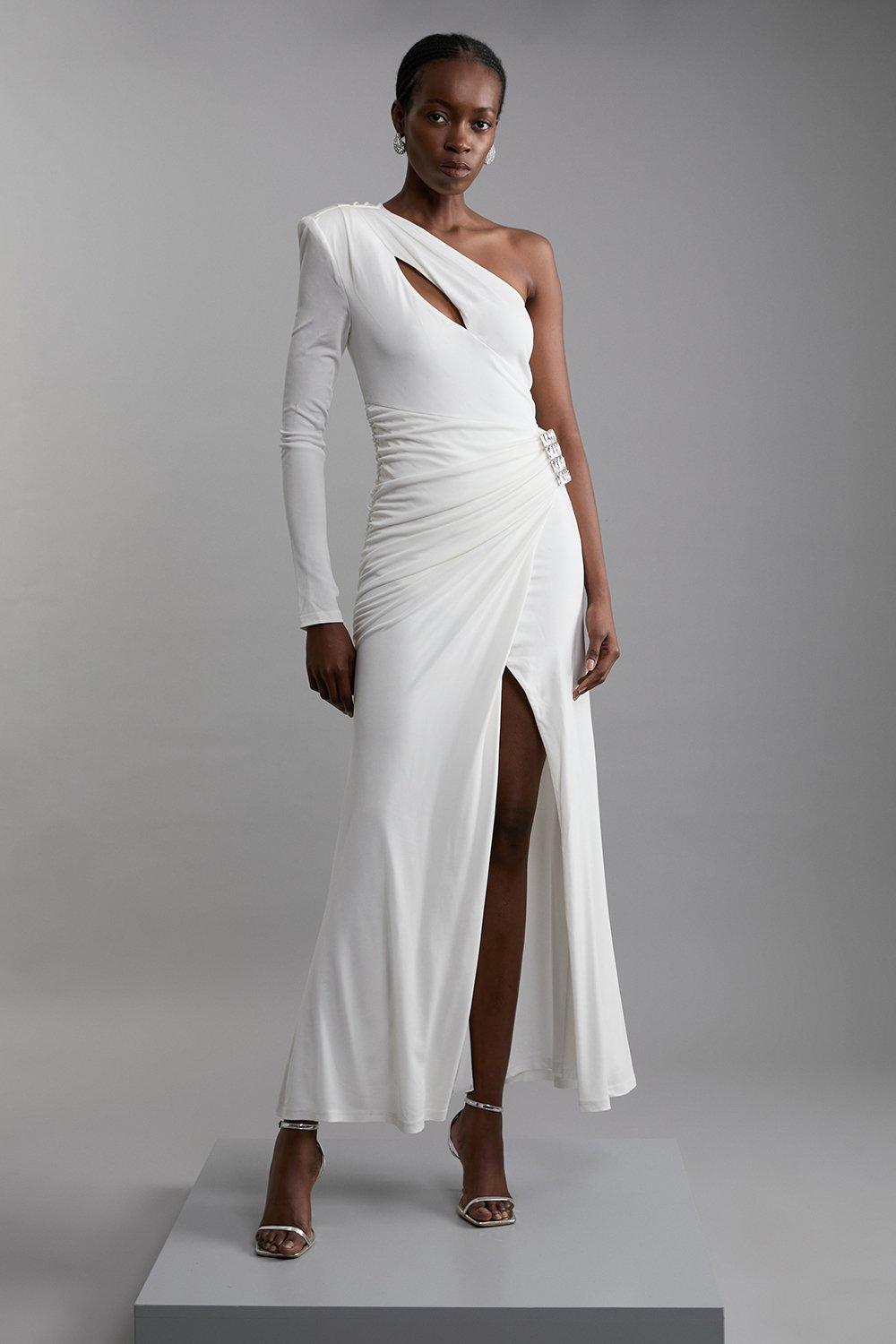 Stretch Crepe Tailored Asymmetric Neckline Maxi Dress