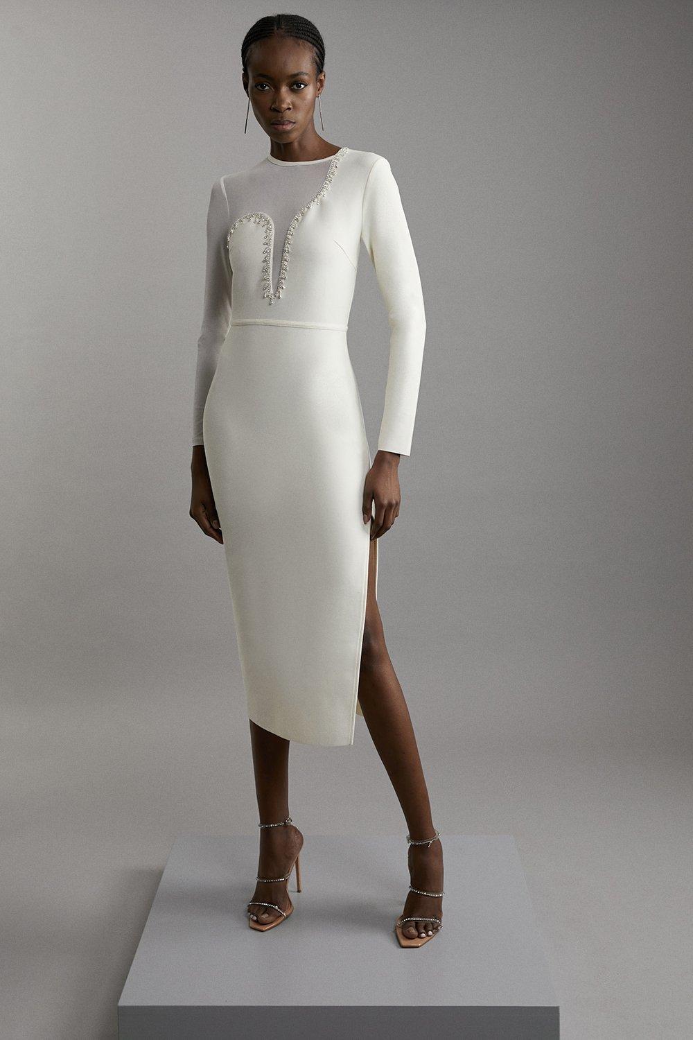 Figure Form Bandage Knit Embellished One Shoulder Midaxi