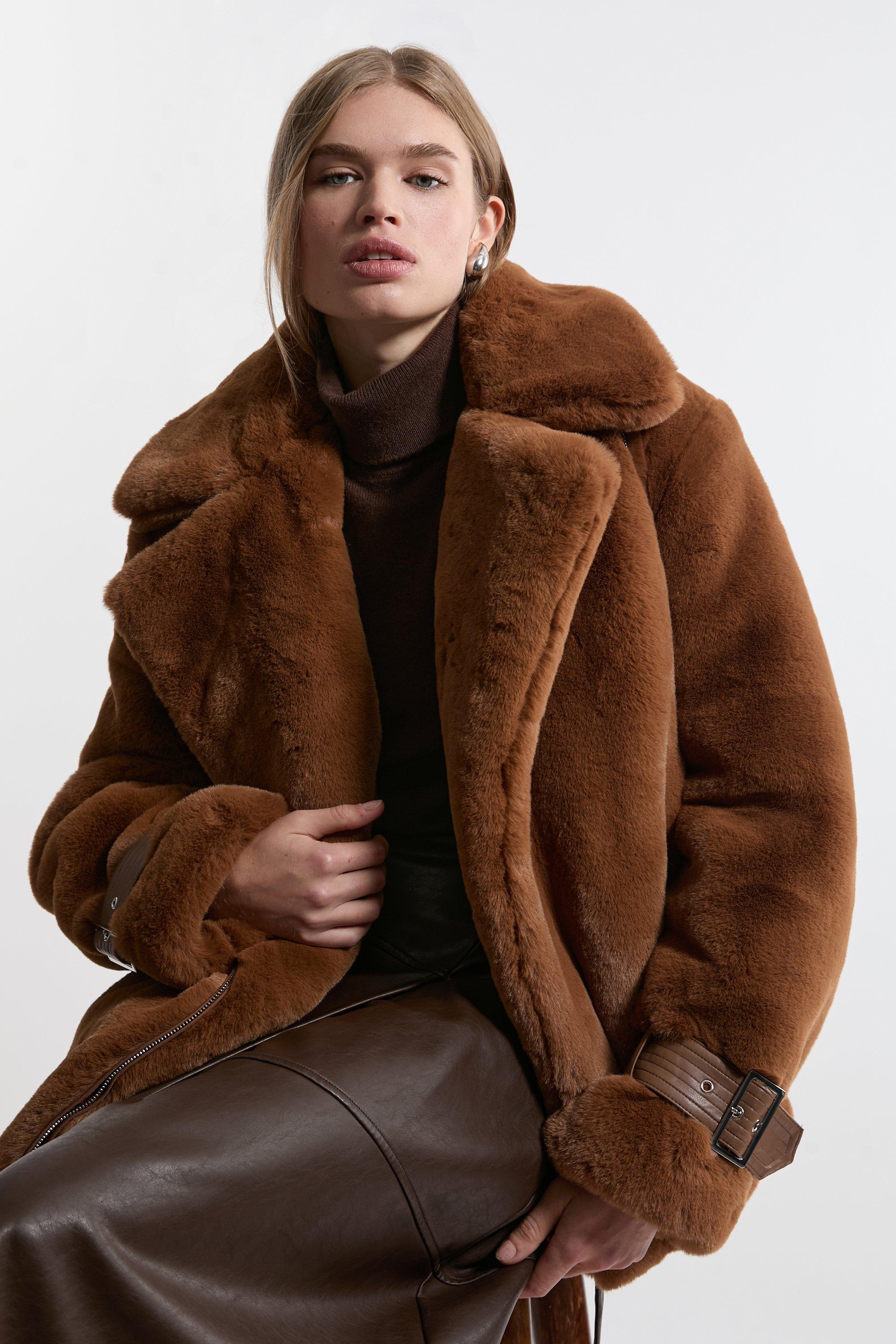 Textured Faux Fur Long Coat Karen Millen