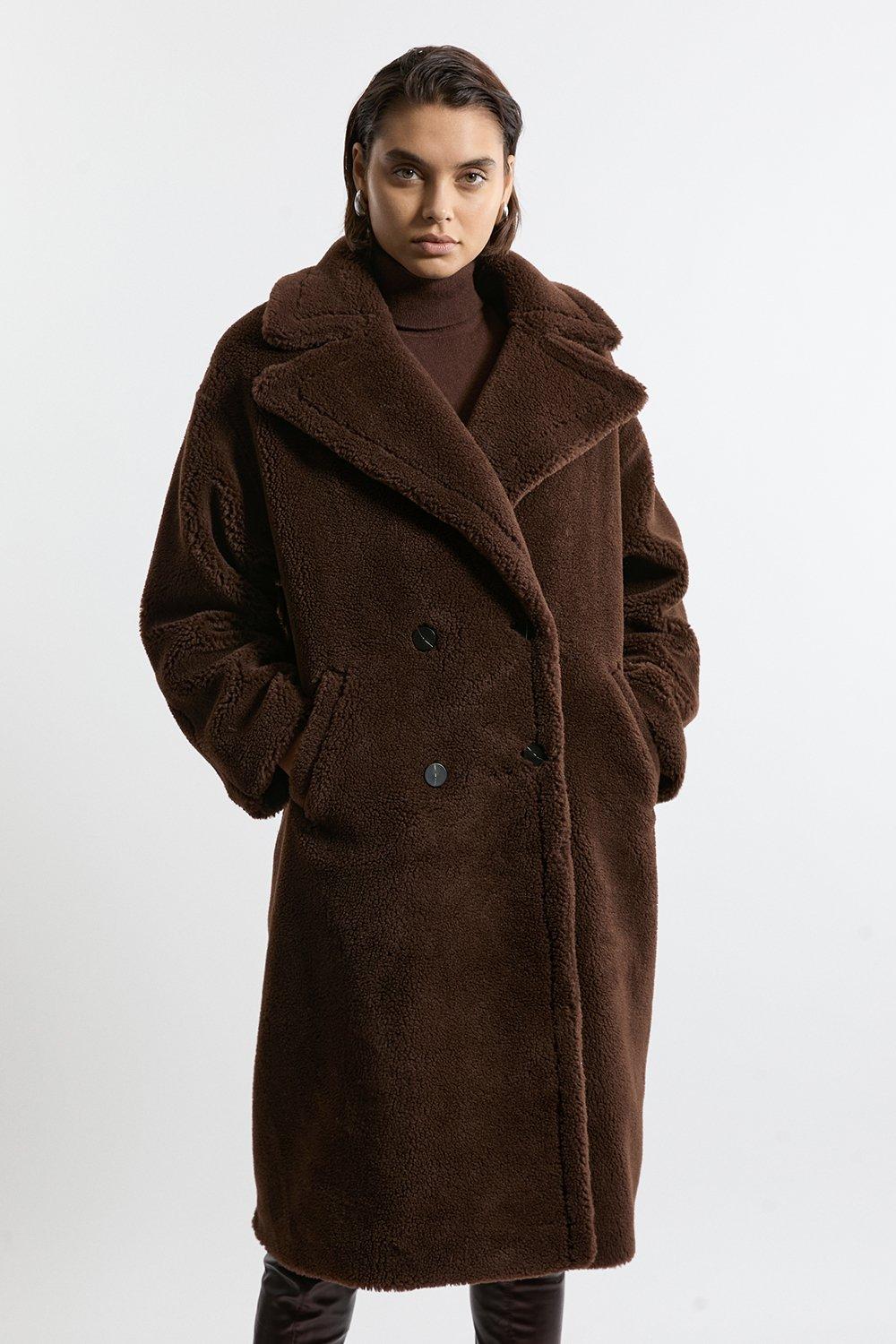 Petite Panelled Stripe Faux Fur Pu Belted Long Coat | Karen
