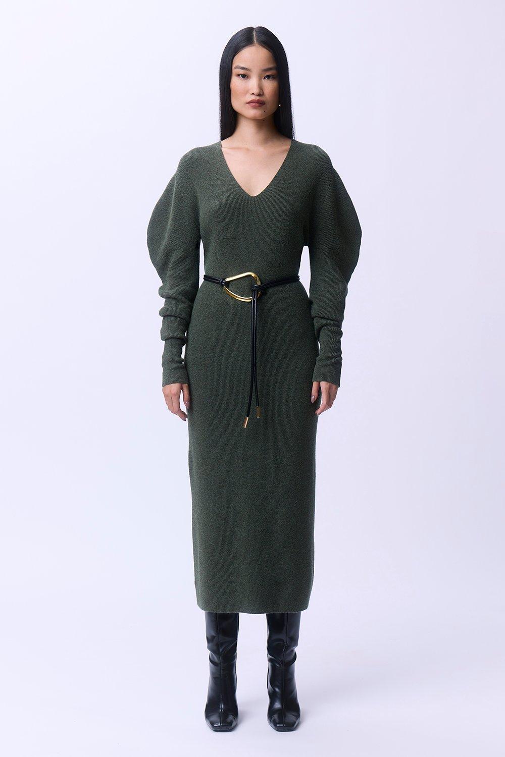 Figure Form Bandage Asymmetric Hem Knit Midi Dress | Karen