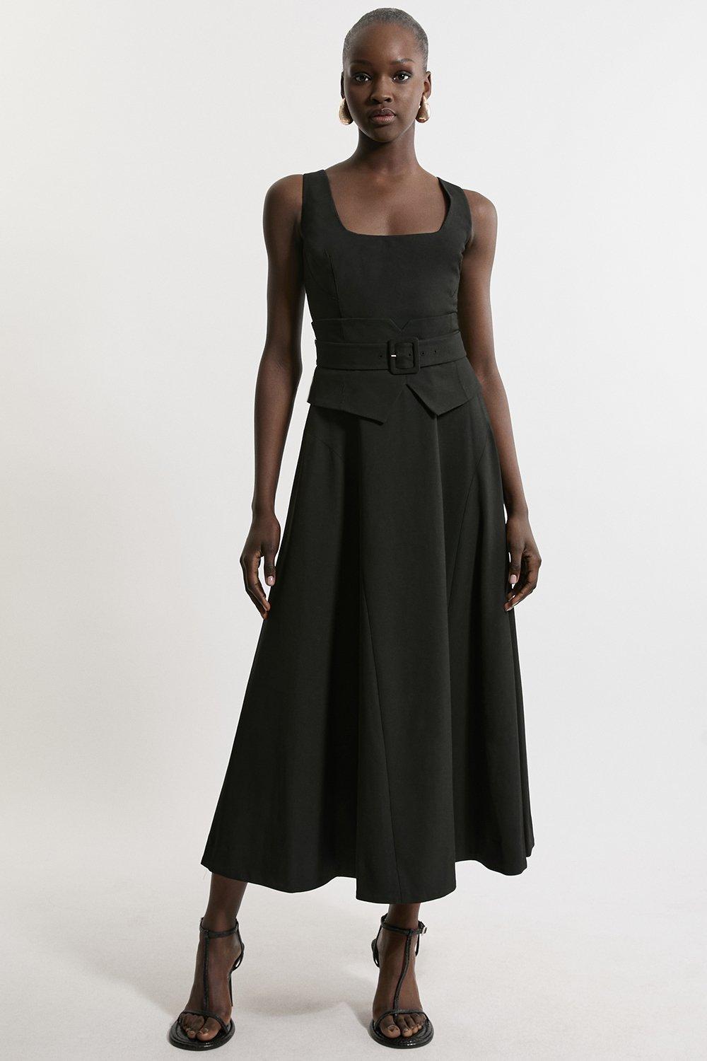 Tailored Crepe Pleated Tab Detail Sleeveless Midaxi Dress