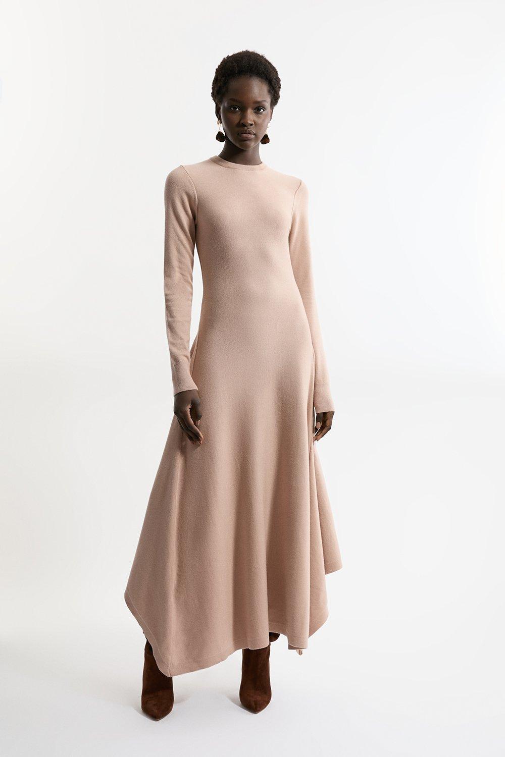 【KAREN MILLEN】メリノウール シルク ニット ドレス camel Premium 100% Washed Wool Knit Zip Detail Mini Dress | Karen