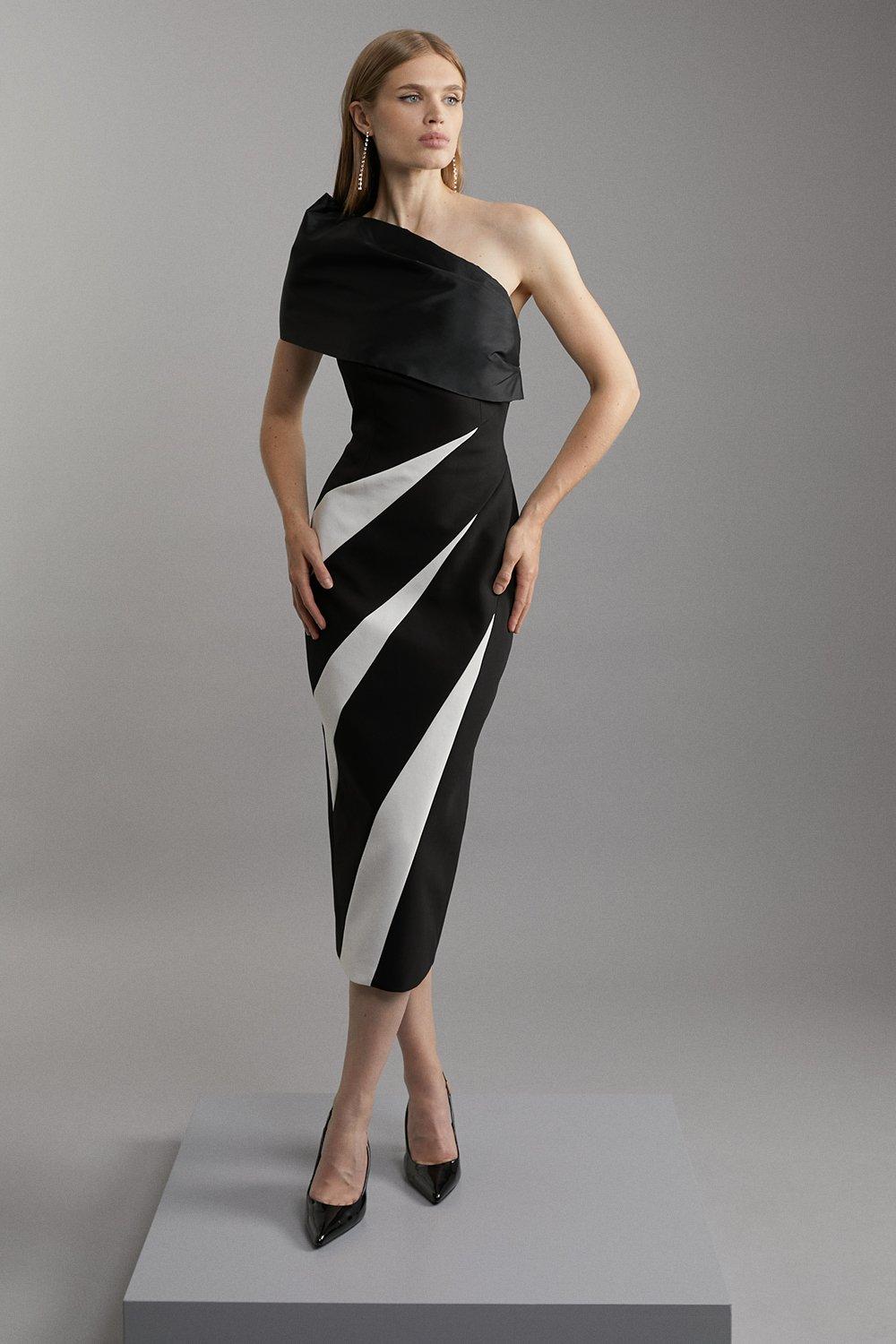【Karen Millen】サテン クレープ チェーン ミディ ワンピース Italian Structured Rib & Satin Ruffle One Shoulder Dress
