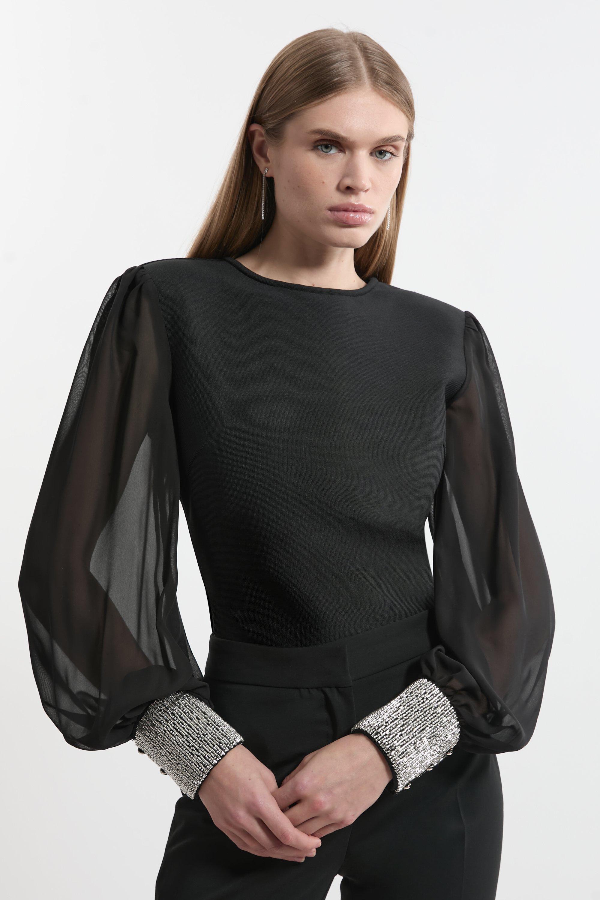 Trimmed Waist Peplum Bandage Knit Detail Top | Karen Millen Trimmed Waist Peplum Bandage Knit Detail Top | Karen Millen