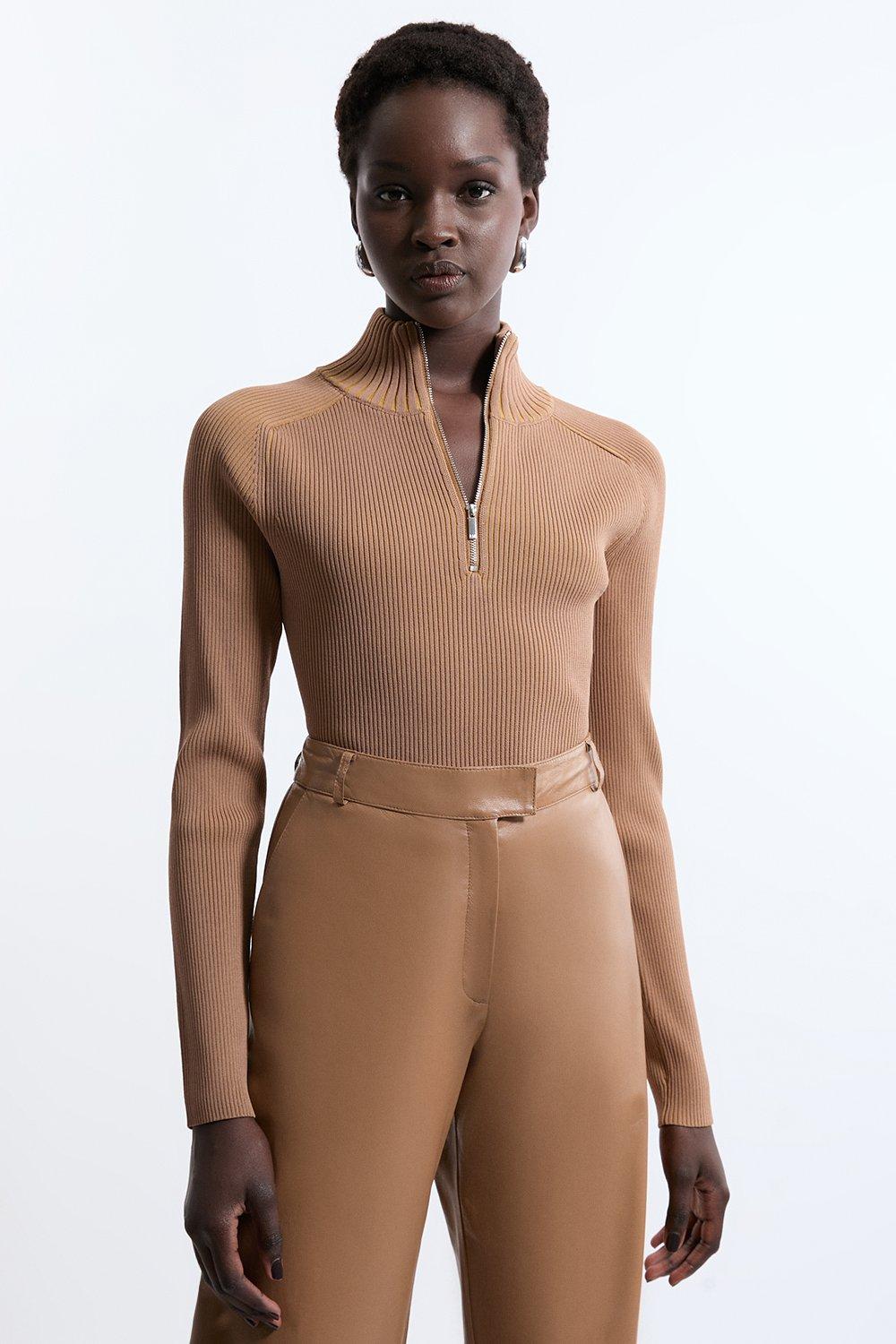 Cotton Zip Collar Knit Stripe Sweater | Karen Millen