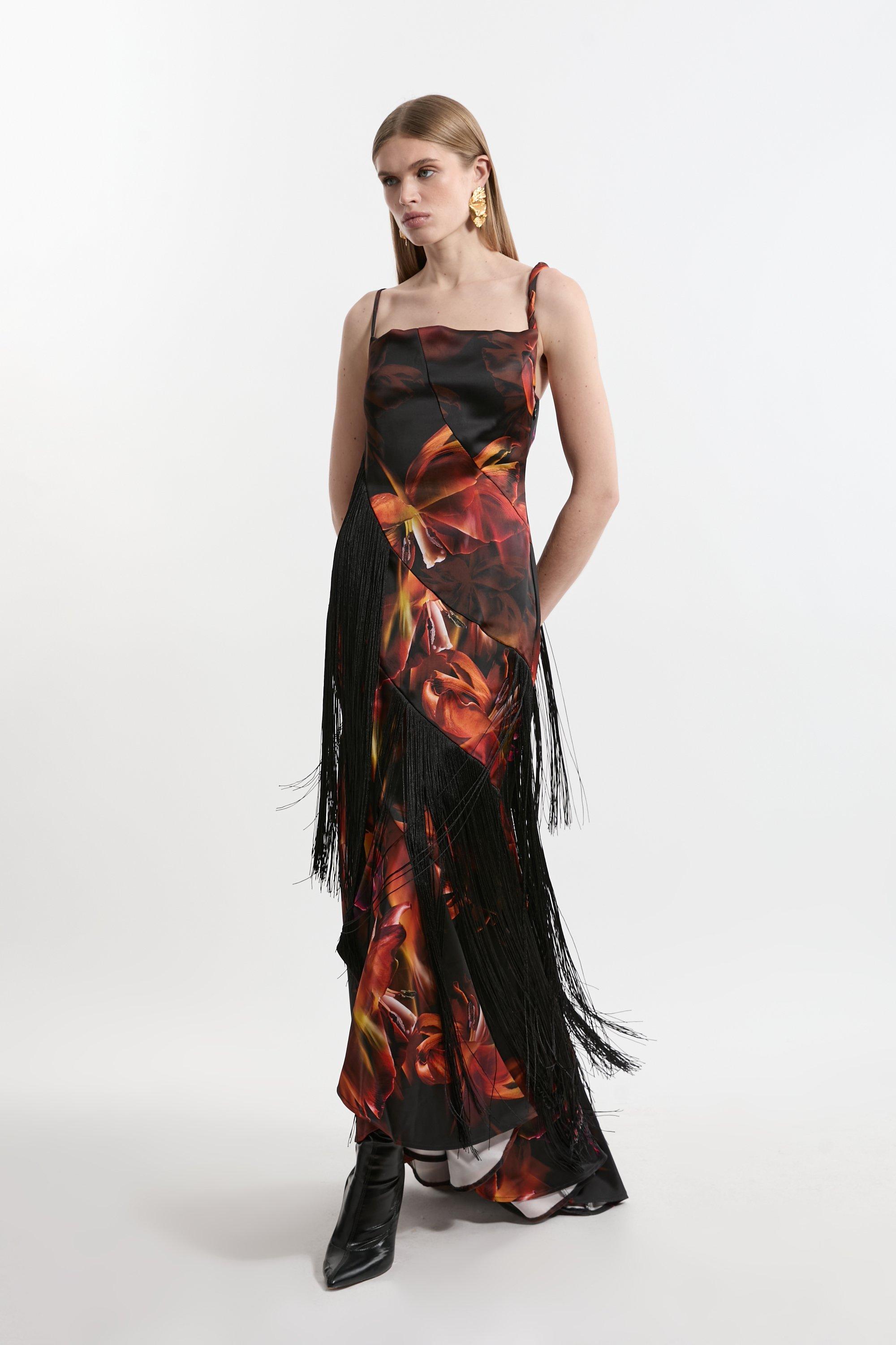 Floral Print Pleated Skirt Tie Neck Detail Woven Maxi Dress