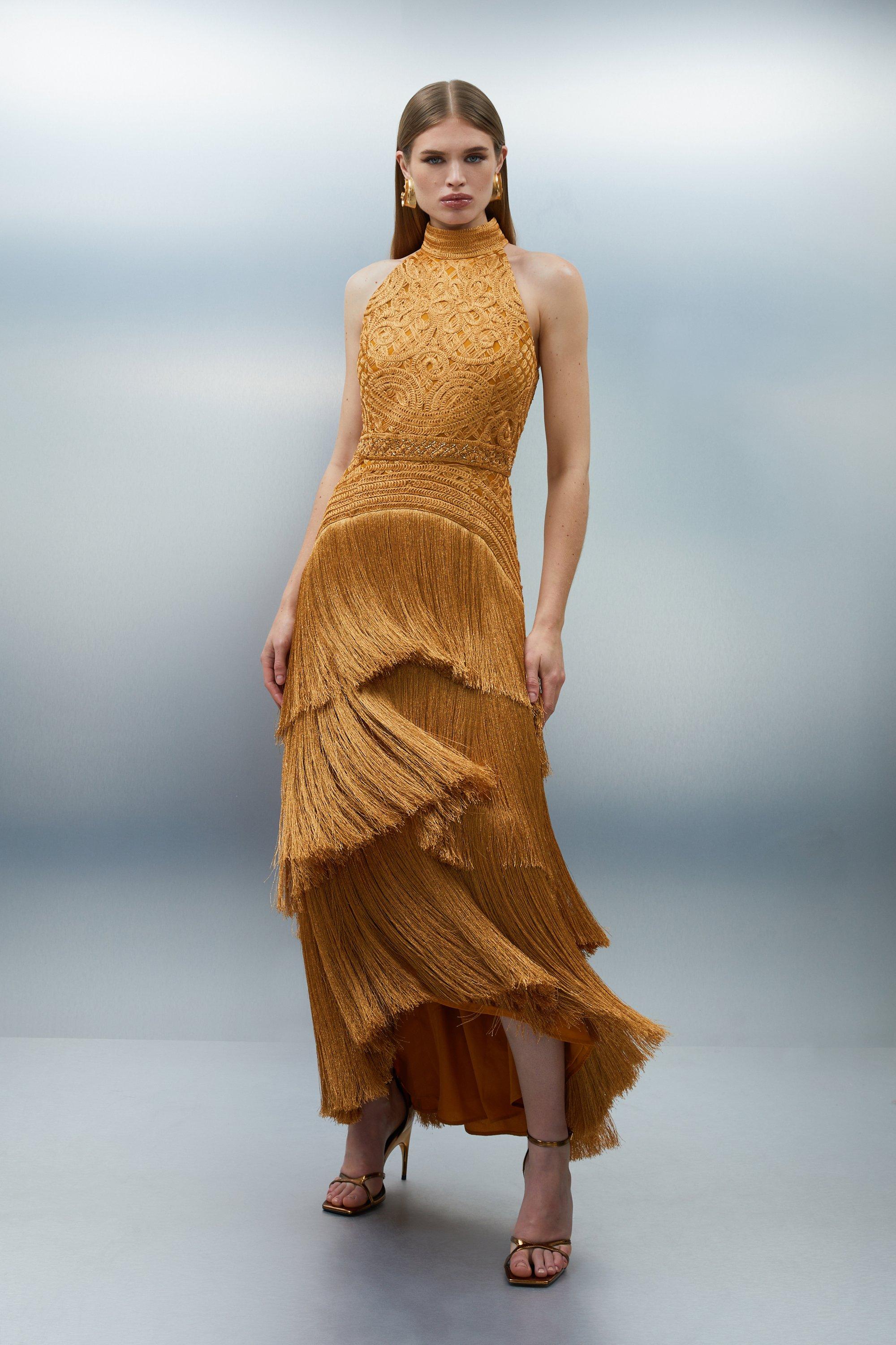 Embellished Fringed Halter Maxi Dress | Karen Millen