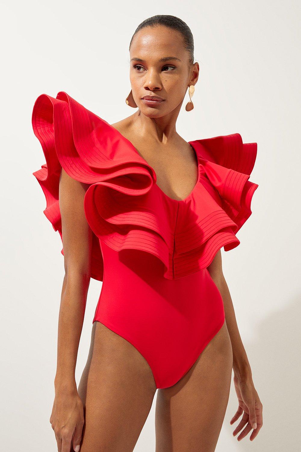 Metallic Mesh Detail Low Back High Leg Swimsuit | Karen Millen