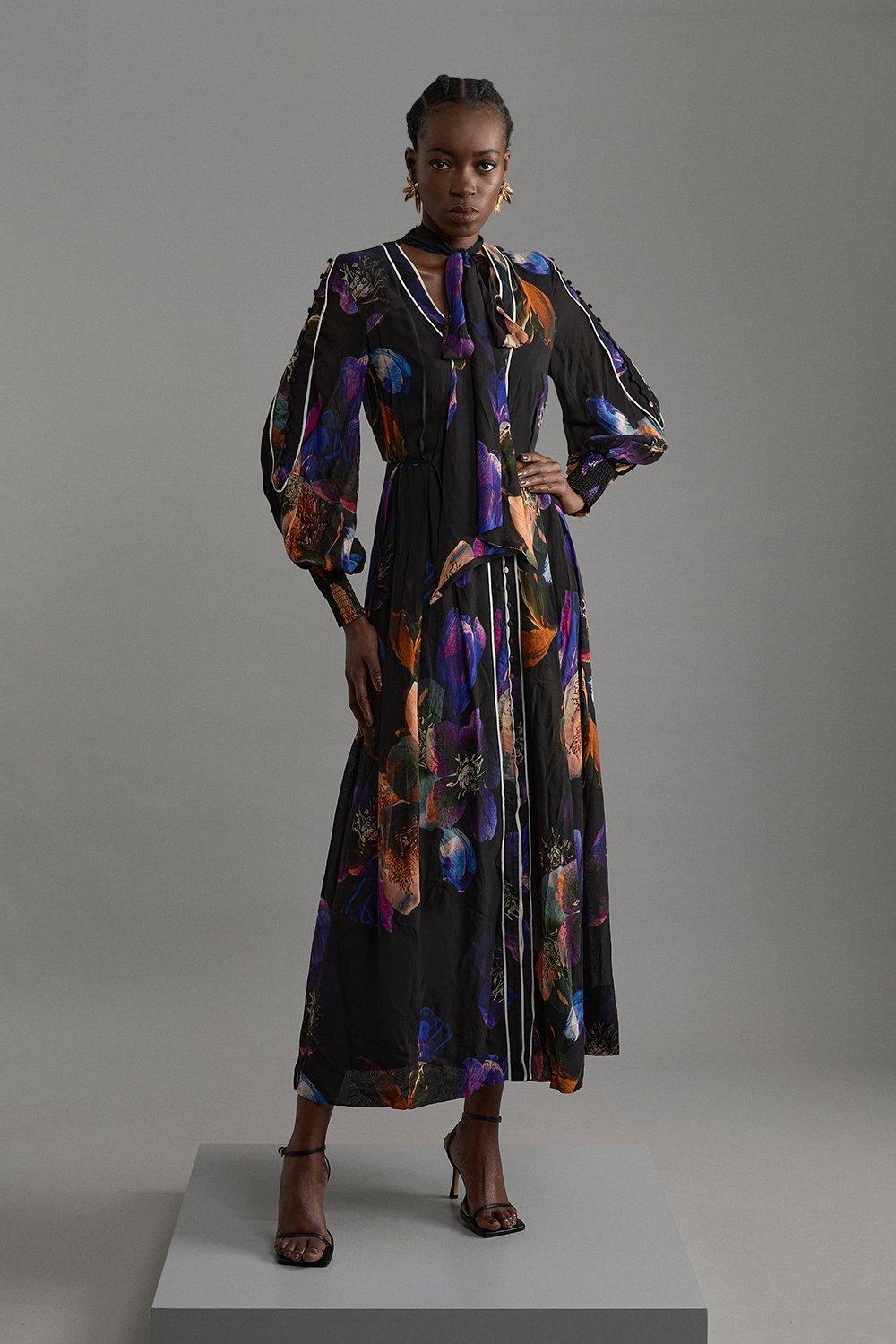 Floral Satin Crepe Tie Neck Woven Maxi Dress | Karen Millen