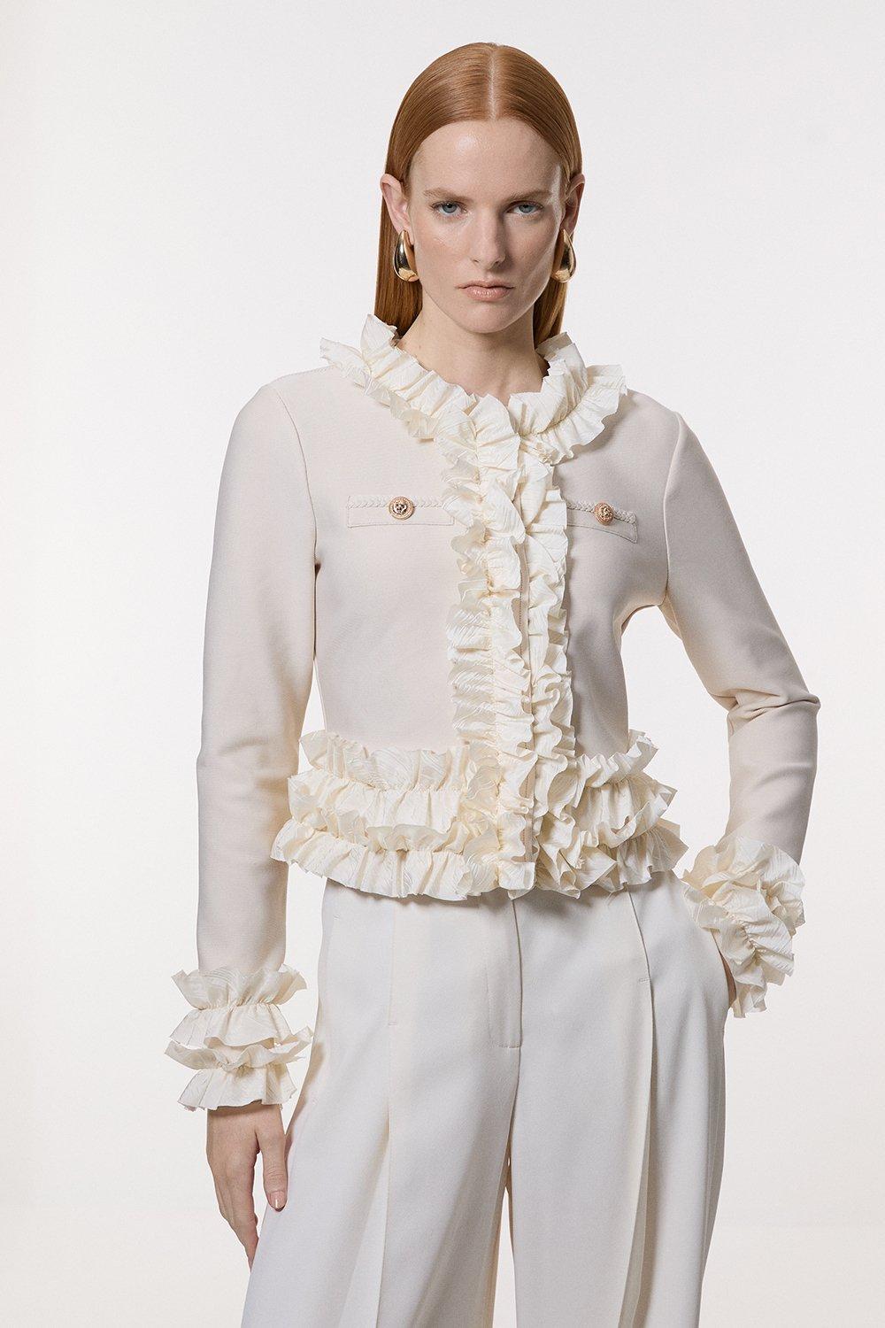 ◆KAREN MILLEN◆ 編み込み フリルトリム付き ニットジャケット Beaded Fringed And Embellished Jumpsuit | Karen Millen