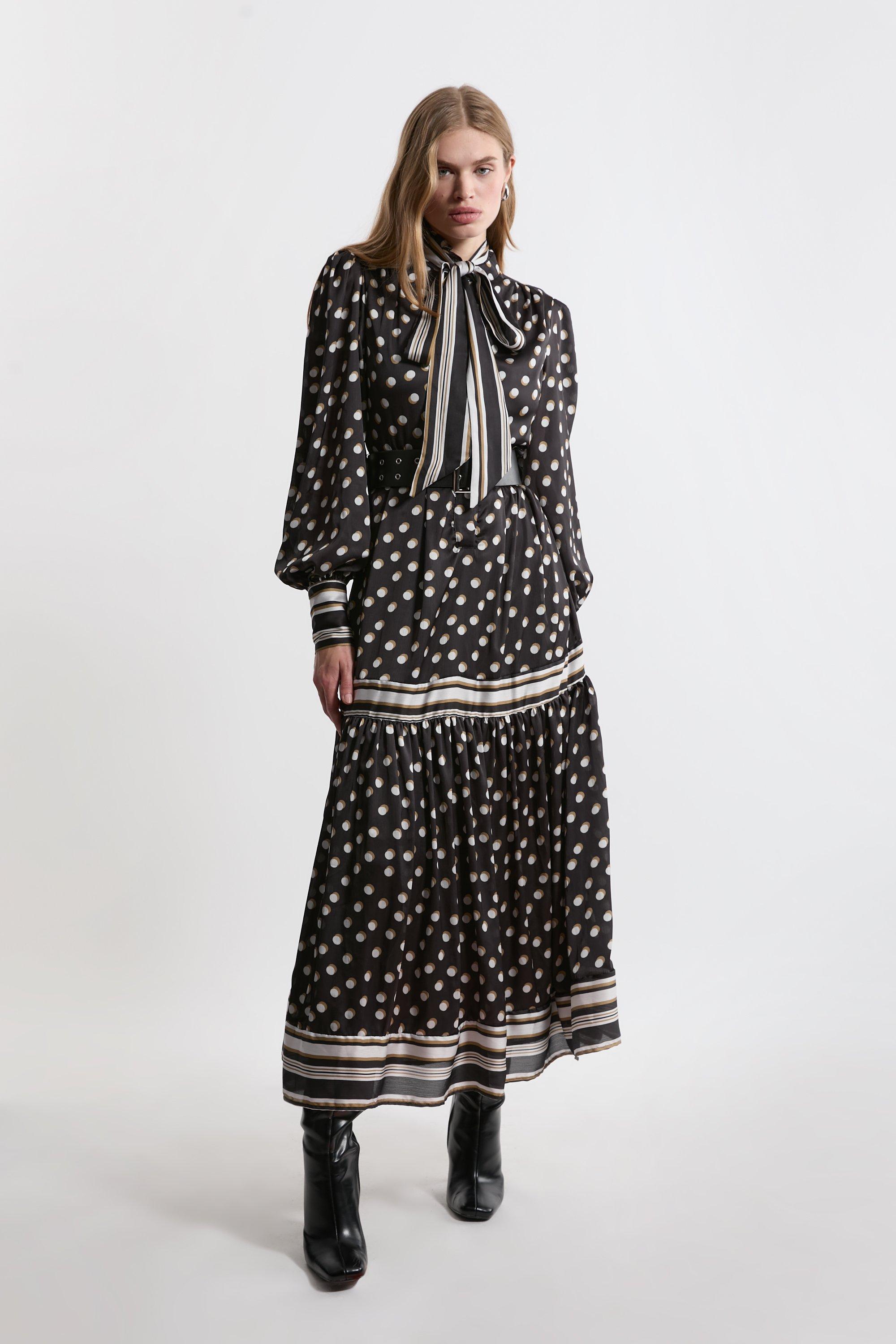 [LALAFOX] MIX BALLOON DRESS /追跡付 Plus Size Polka Dot Woven Balloon Sleeve Belted Maxi Dress