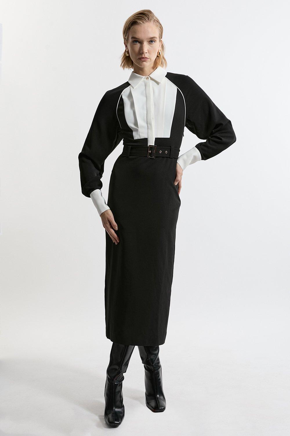 Petite Piping Detail Georgette Pleated And Belted Woven Midi