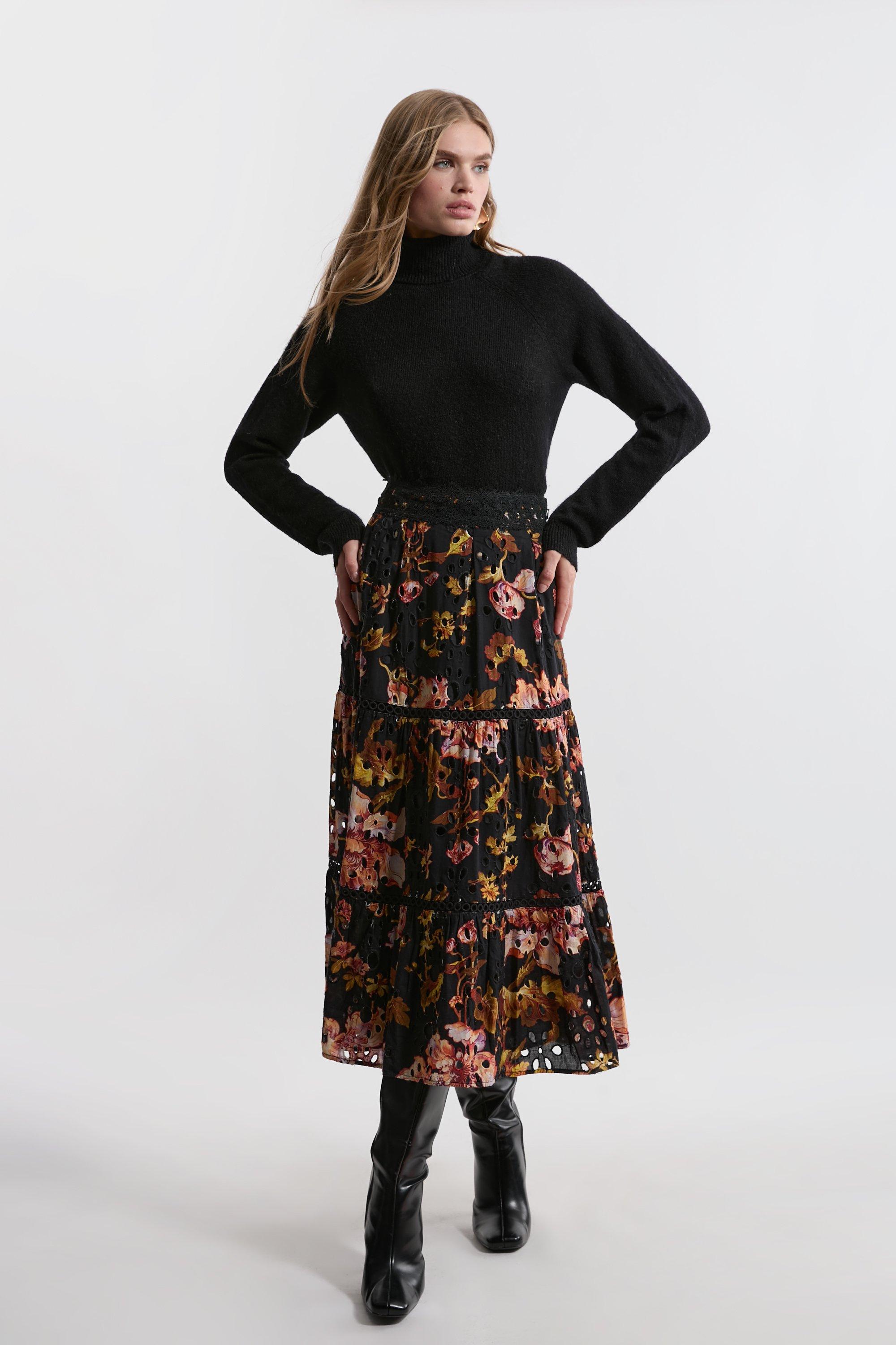 Placed Floral Print Woven Prom Midi Skirt | Karen Millen