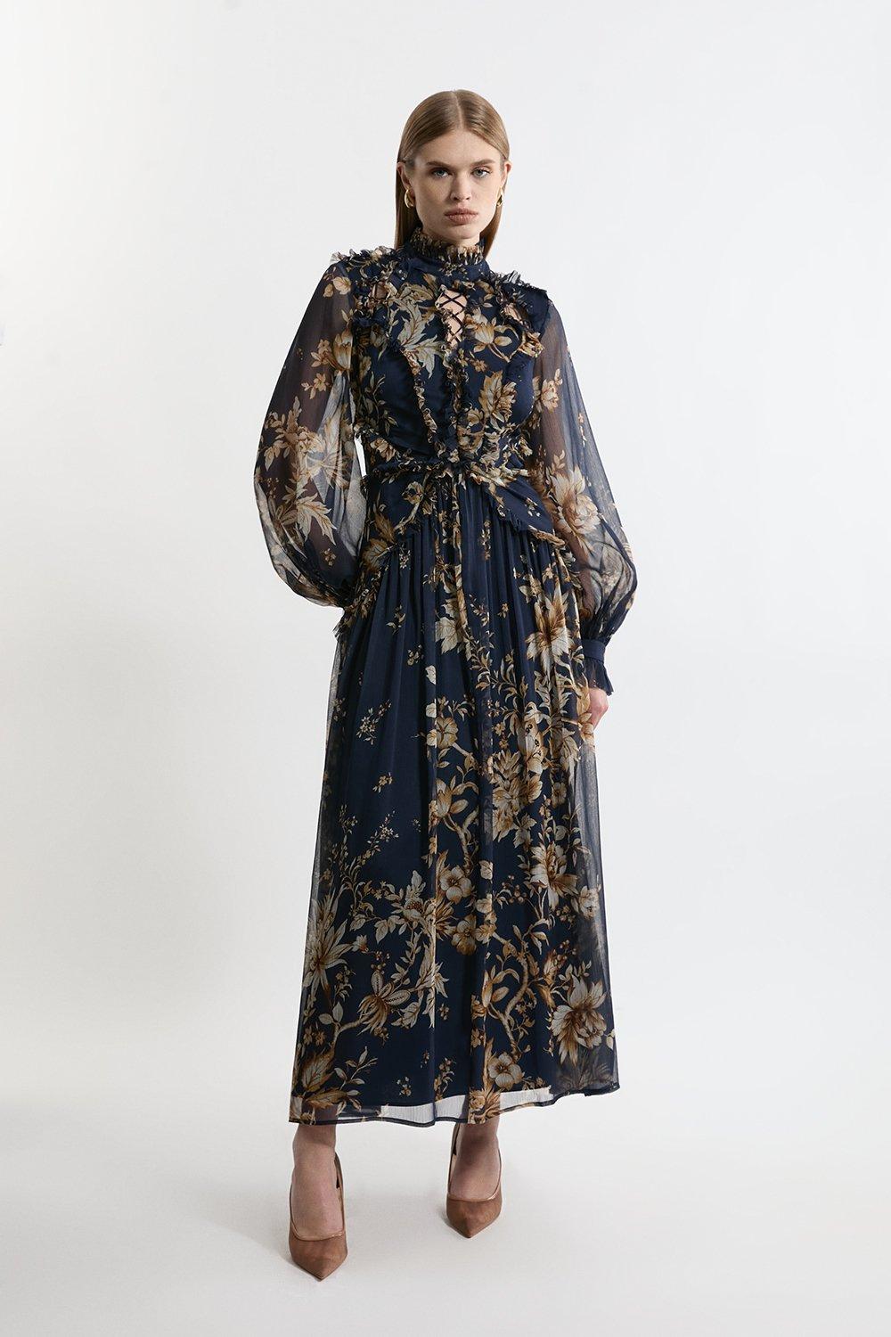 Tall Floral Applique Lace Pleated Woven Maxi Dress | Karen