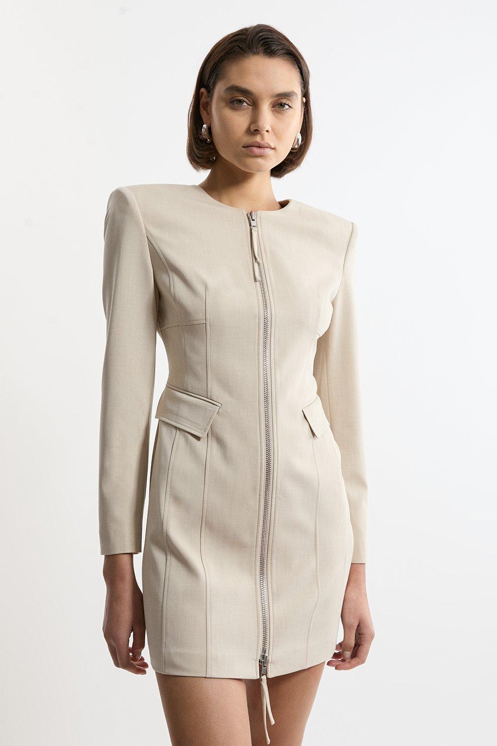 Karen Millen☆ゴールドクラスプ付きテクノコットン Techno Cotton Woven Mini Shirt Dress With Gold Clasps