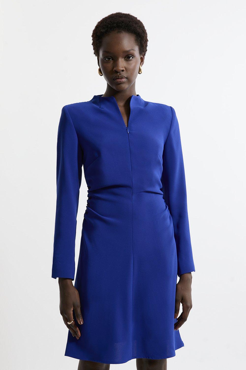 Tailored Crepe High Neck Side Pleat Detail Mini Dress