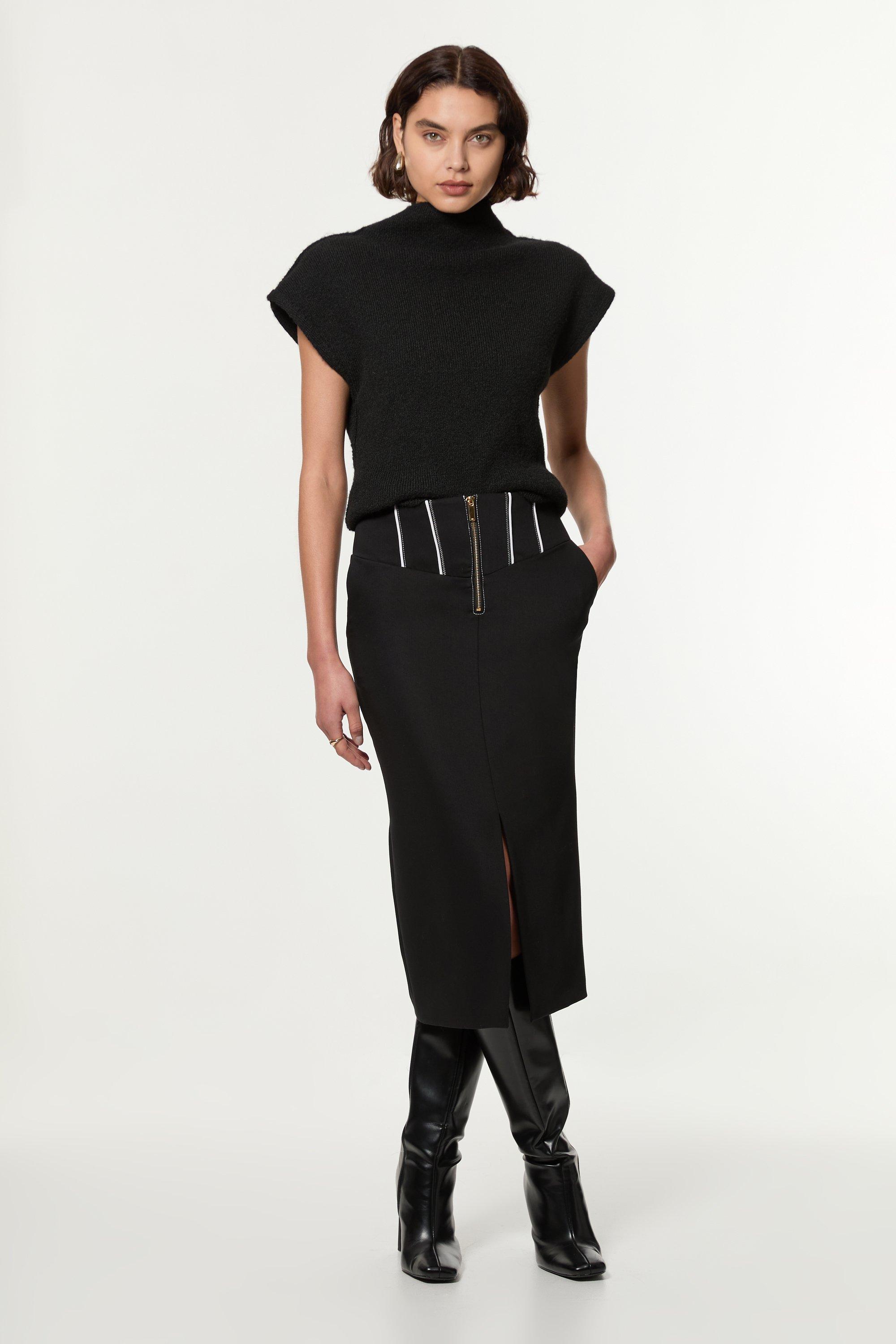 Soft Tailored Crepe Tab Detail Pleated Midi Skirt | Karen Millen