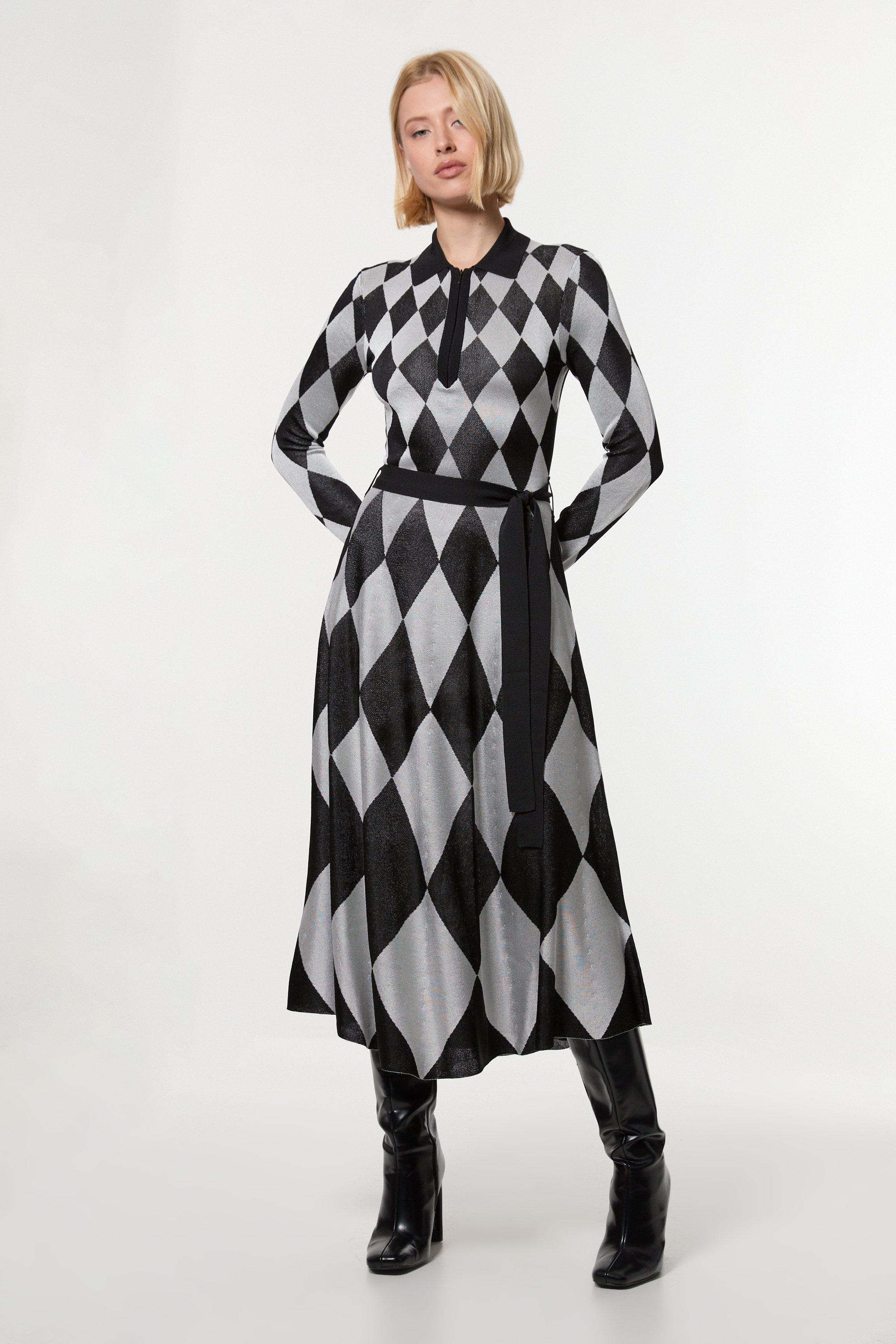 Tall Floral Abstract Jacquard Knit Zip Neck Mini Dress