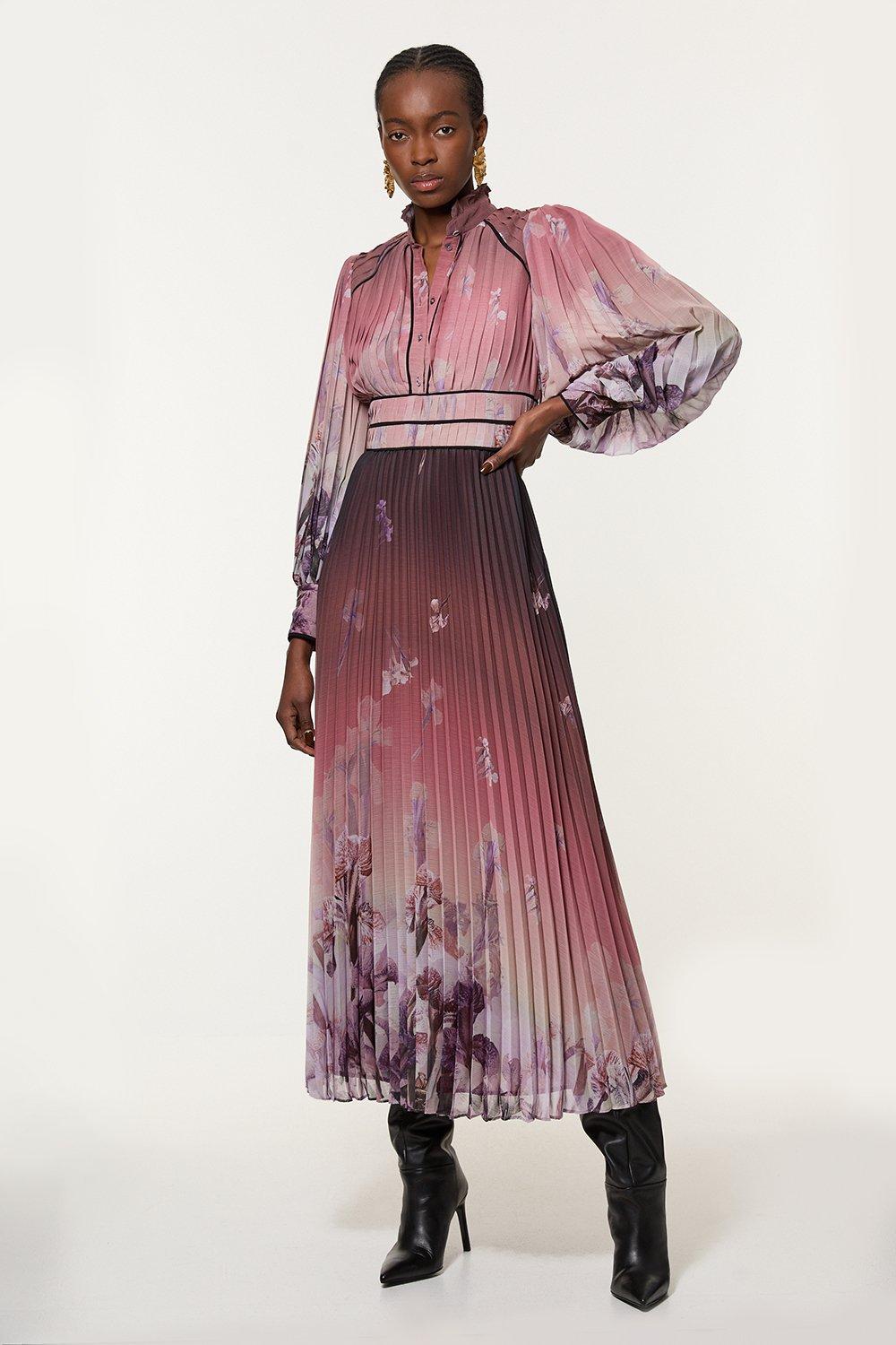 Border Print Floral And Satin Bodice Pleat Woven Maxi Dress Border Print Floral And Satin Bodice Pleat Woven Maxi Dress