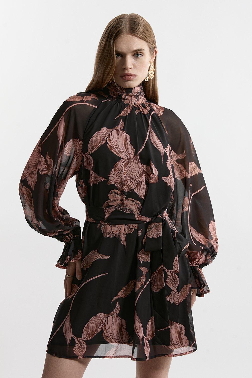Petite Trailing Floral Woven Plunge Mini Dress | Karen Millen