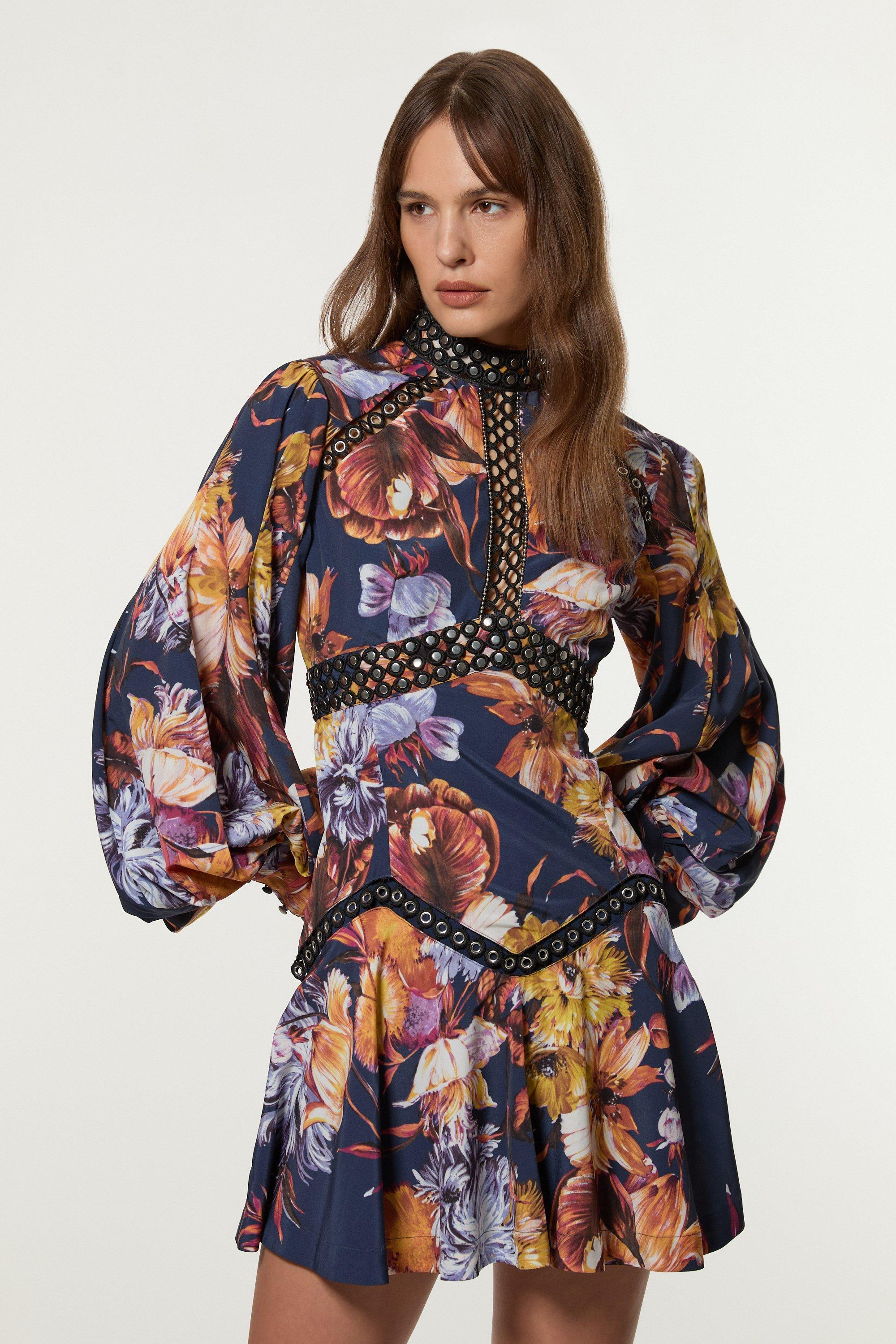KAREN MILLEN 日本未入荷 ハイネック フリンジ ミニドレス Spots And Floral Plunge Neck Woven Mini Dress | Karen Millen