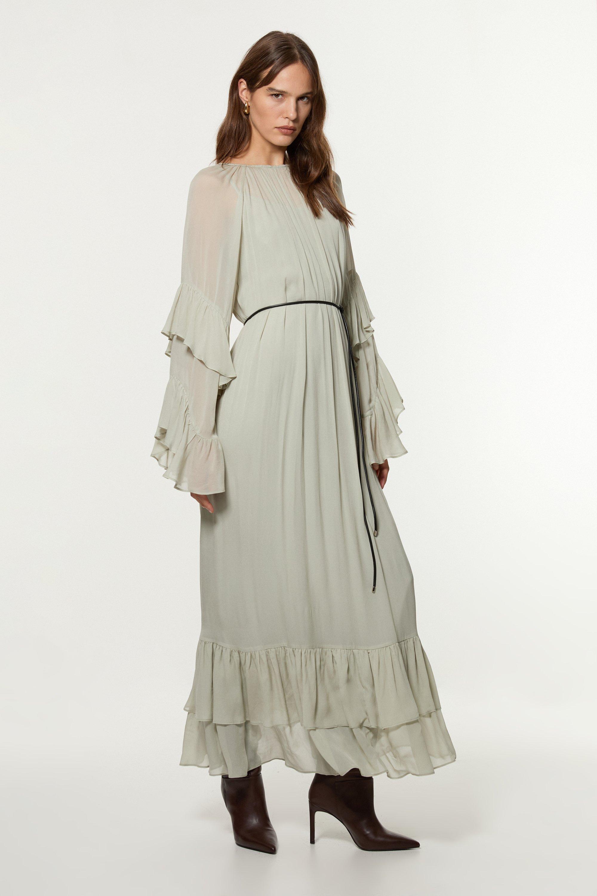 【Karen Millen】フリル袖 マキシドレス PUベルト付き Printed Eyelet Woven Midi Dress With Guipure Trim | Karen Millen