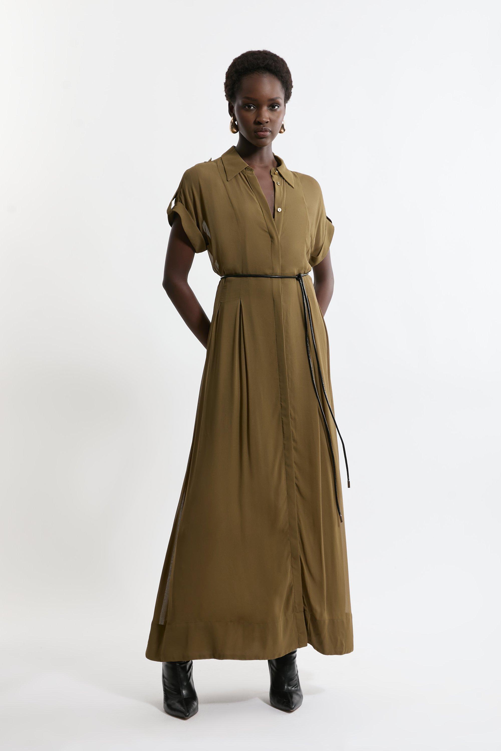 【KAREN MILLEN】プチツイルミダキシ織りシャツドレス ベルト付 Karen Millen☆The Founder/ベルト付き ミディドレス♪送料込