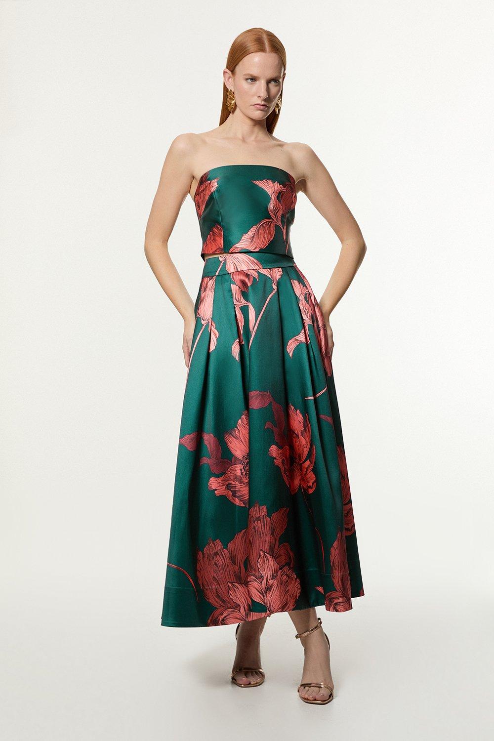 Placed Floral Print Woven Prom Midi Skirt | Karen Millen