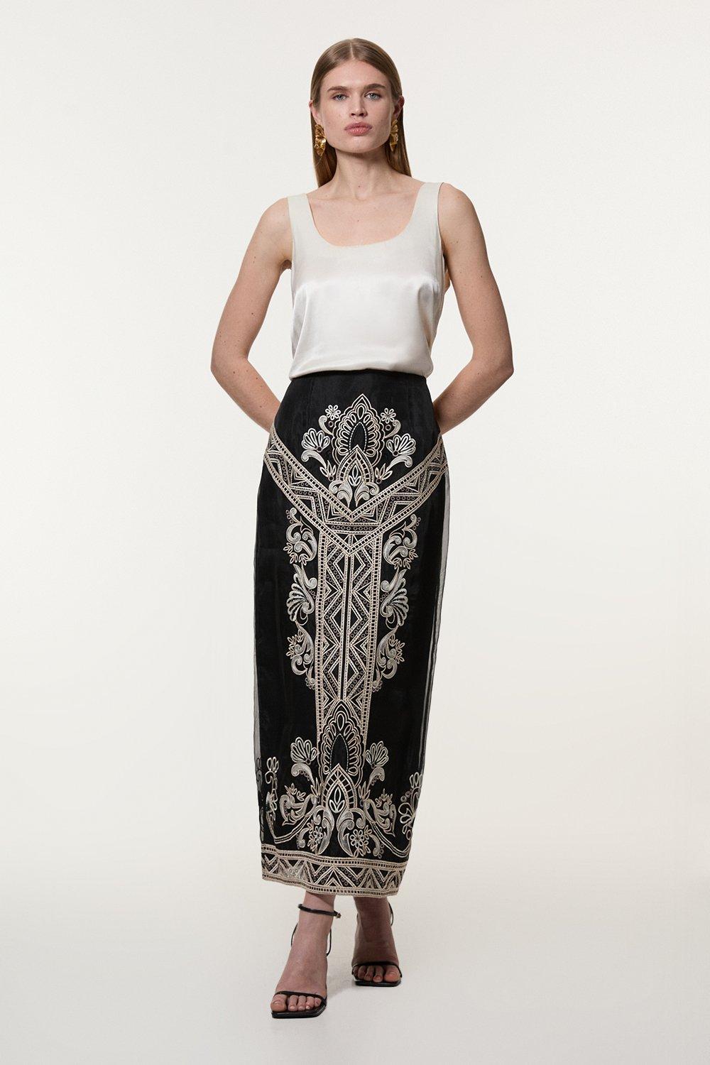 Tall Sheer Lace Godet Woven Midi Skirt | Karen Millen