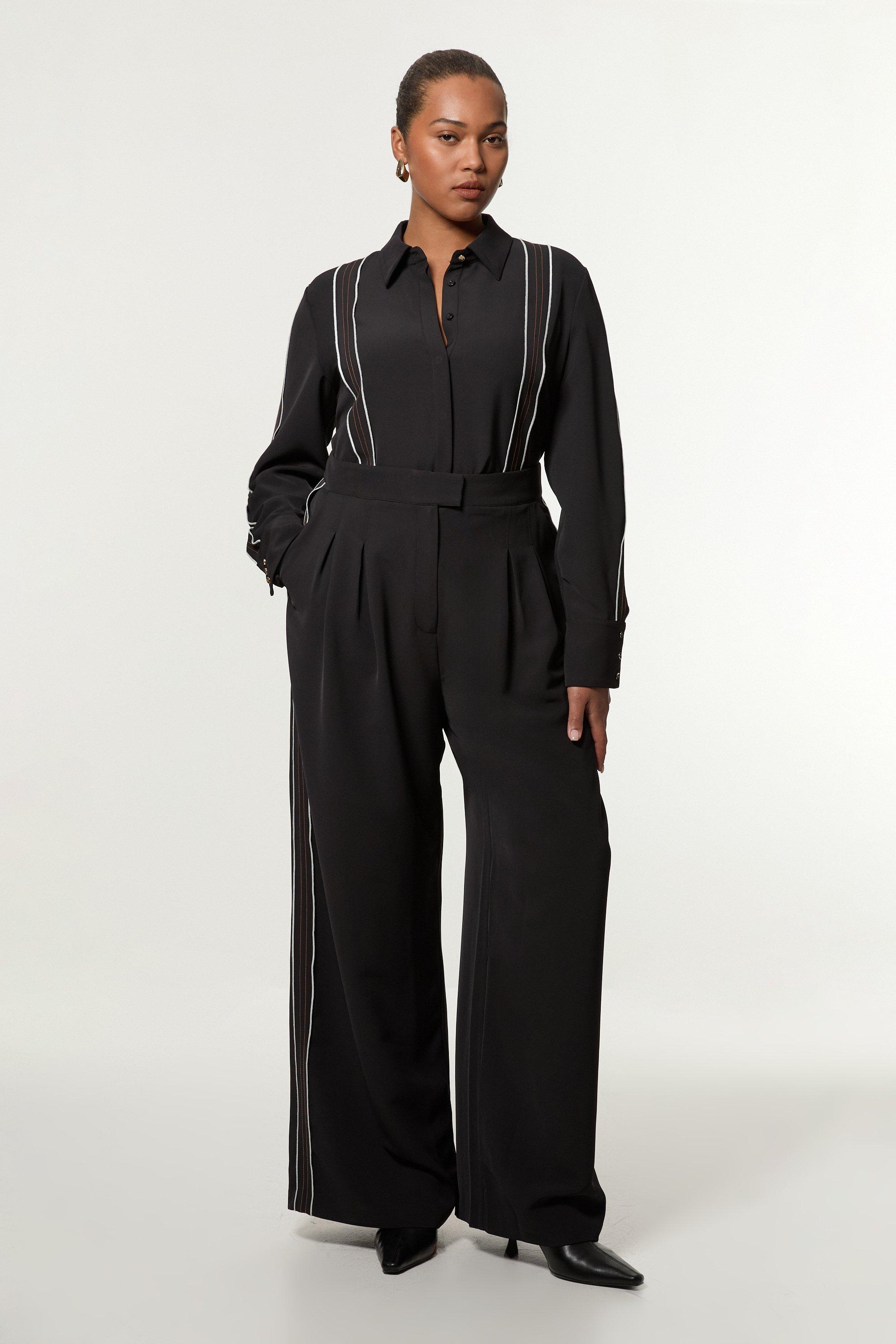 Tailored Compact Stretch Tab Detail Wide Leg Trousers