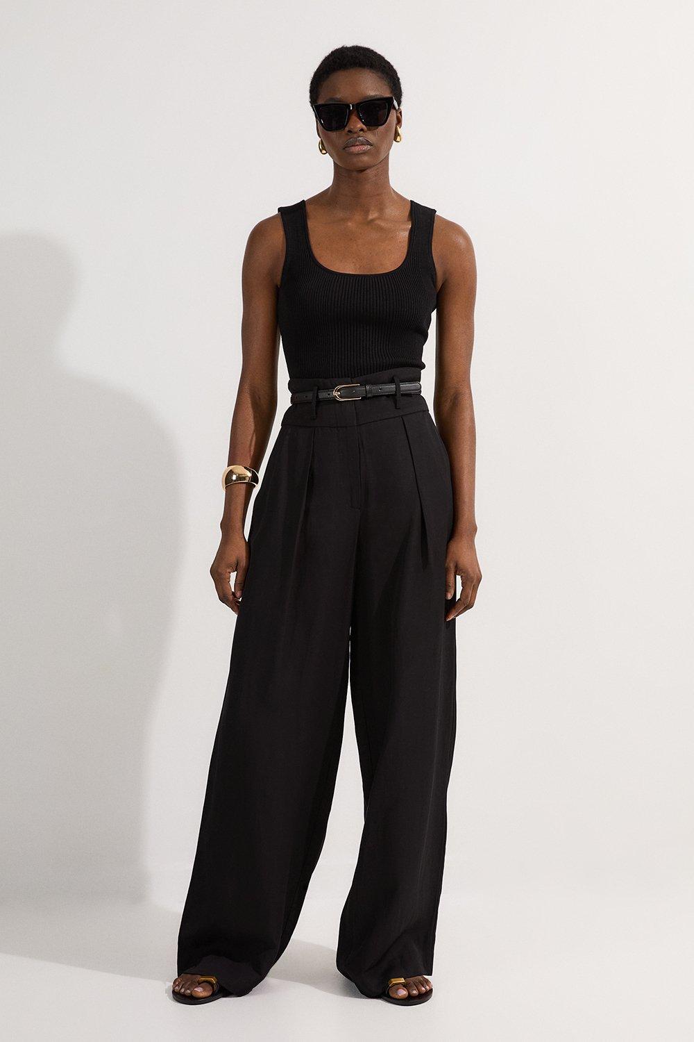 Tailored Compact Stretch High Waist Wide Leg Pants | Karen