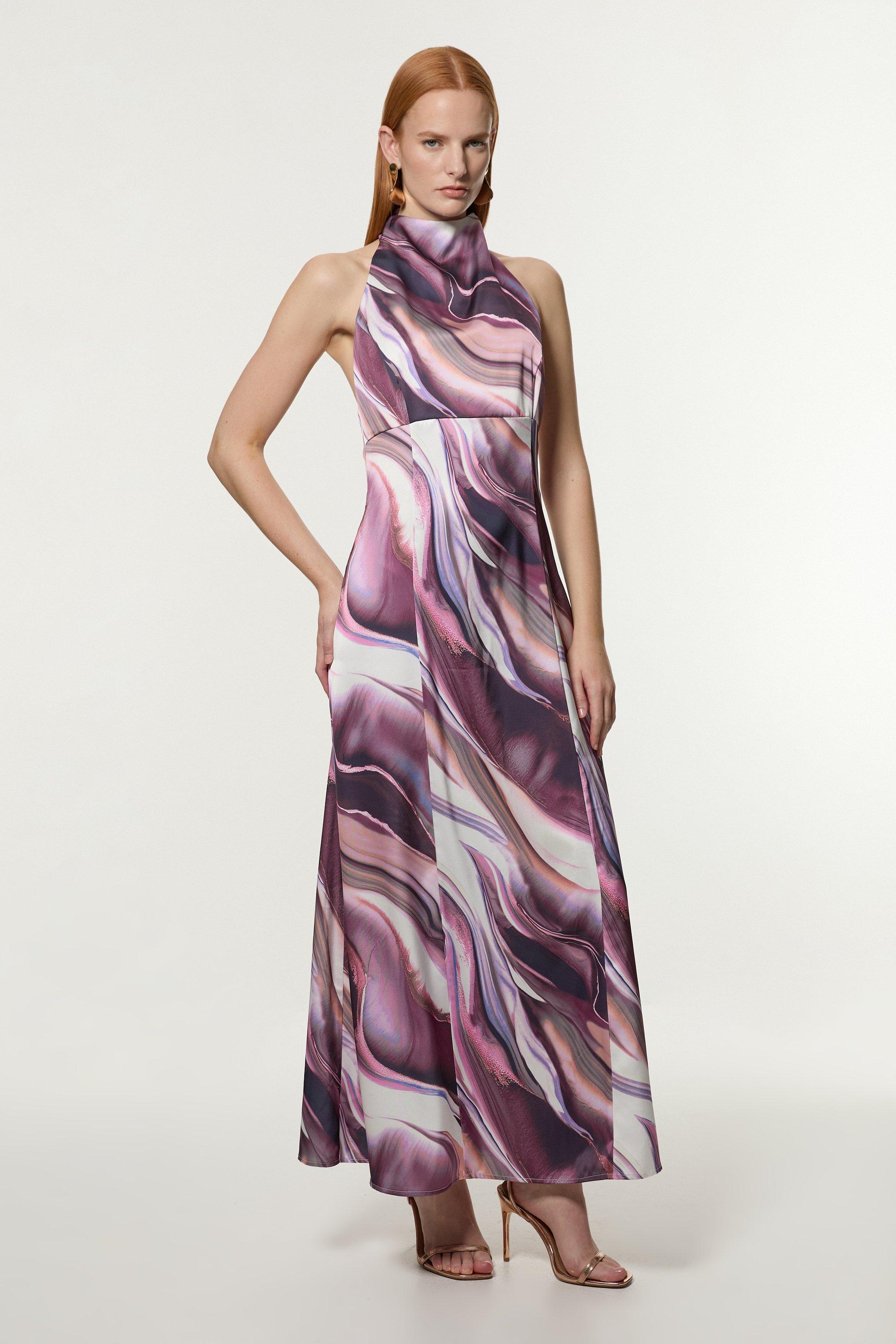 Abstract Floral Satin Woven Halter Midi Dress | Karen Millen